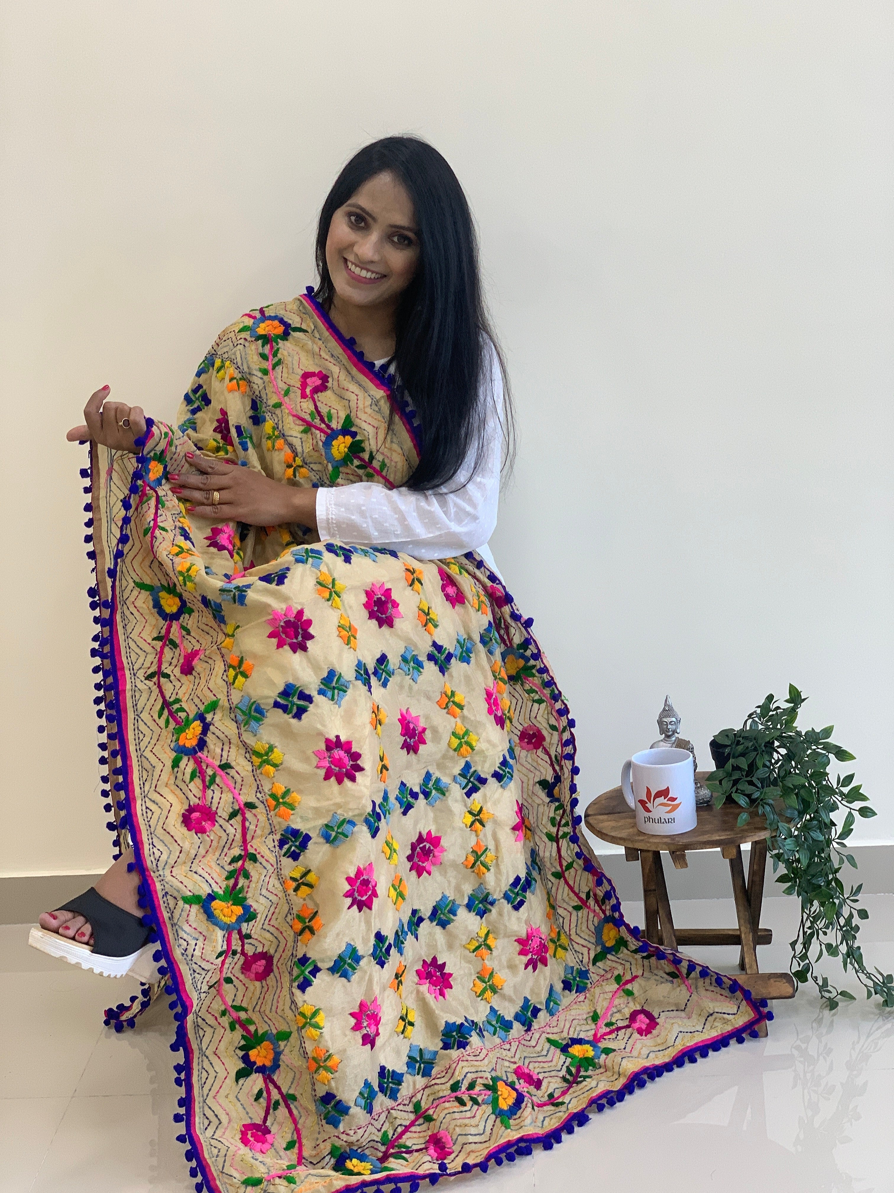Embroidered dupatta with pom-pom border