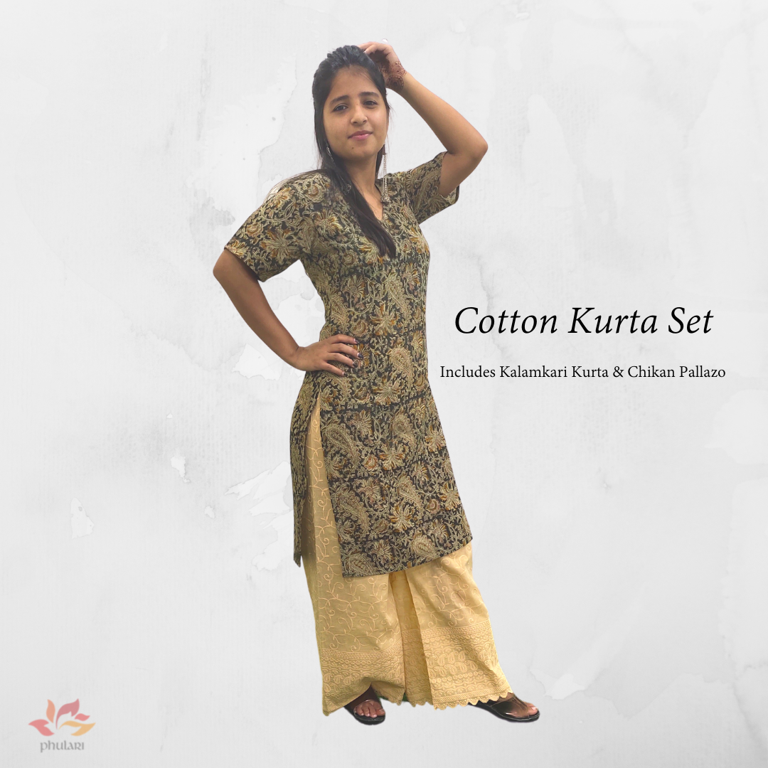 Hand block Kalamkari Kurta and Dupatta