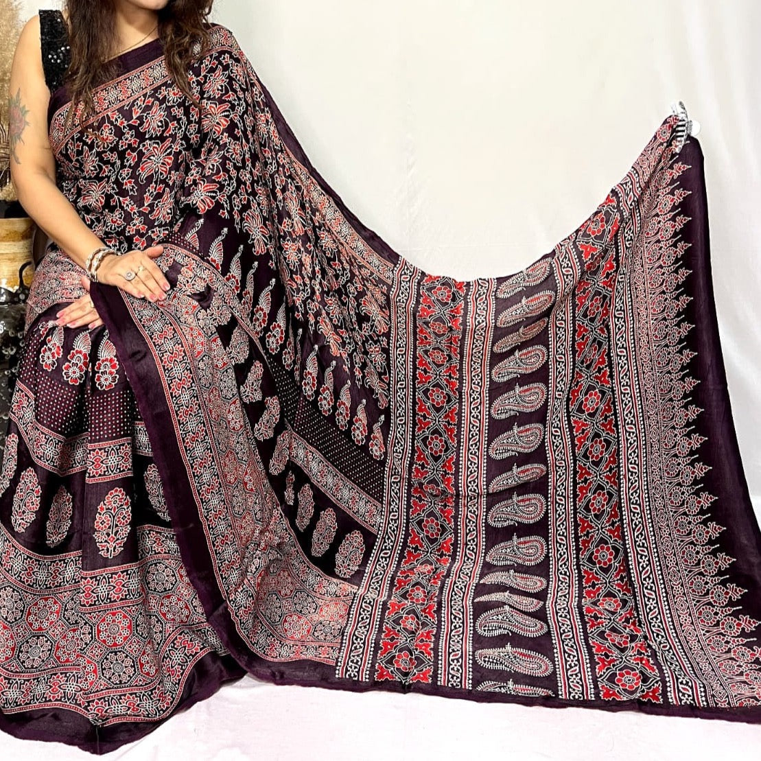 Modal Silk Ajrakh Saree - Indigo, Yellow, Red, Maroon, Pink, Mustard