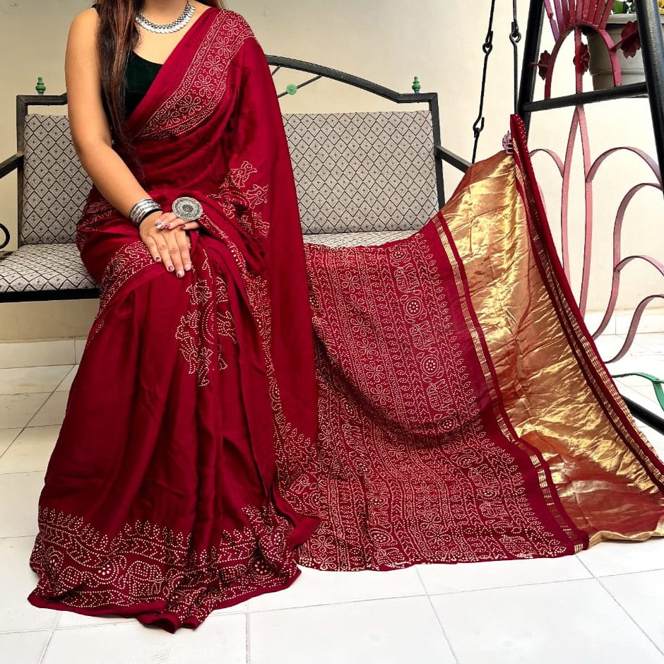 Modal Silk Mashroo Mix Ajrakh Saree - Indigo, Yellow, Red, Maroon ( Customisation available)