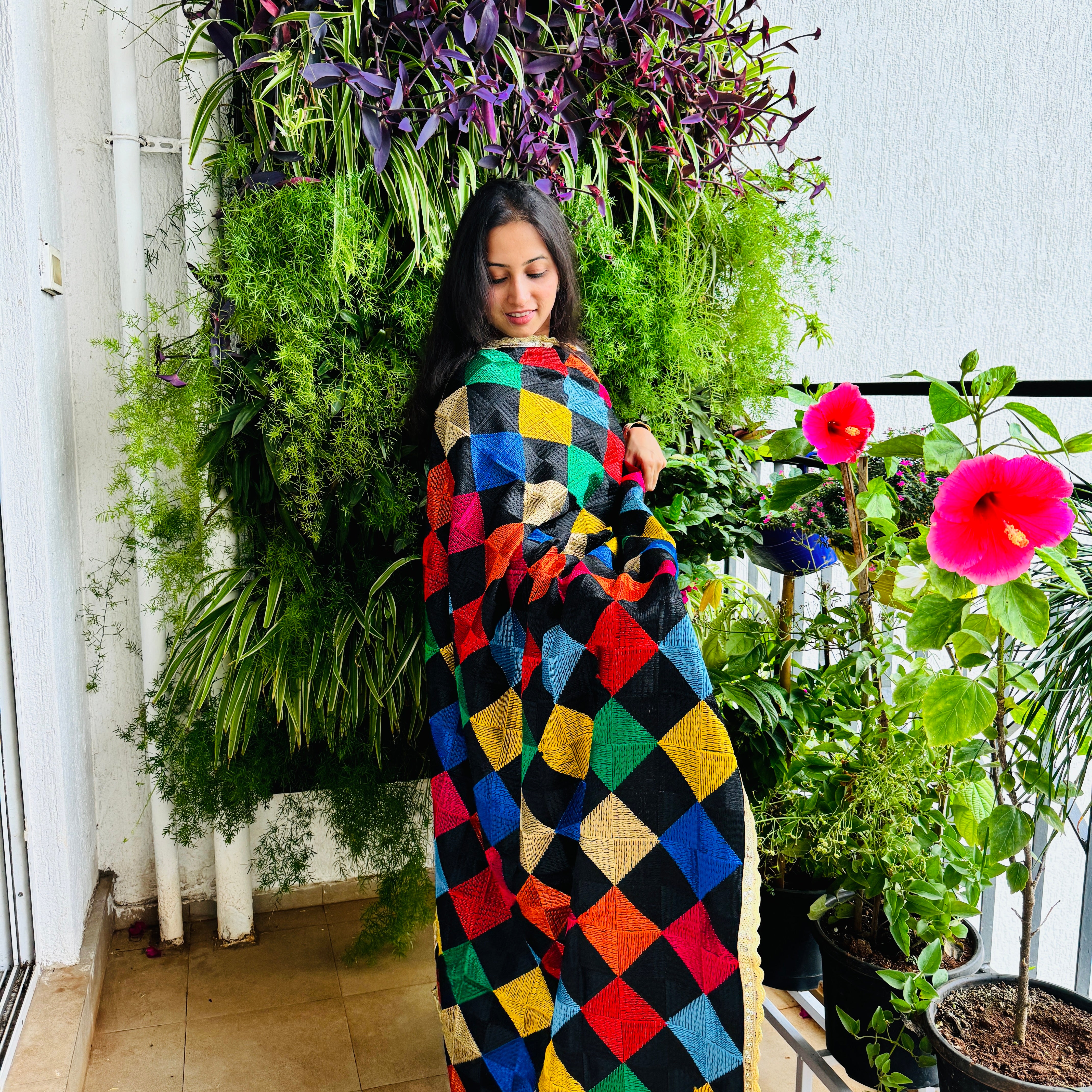Festive Chinnon phulkari dupatta-Black