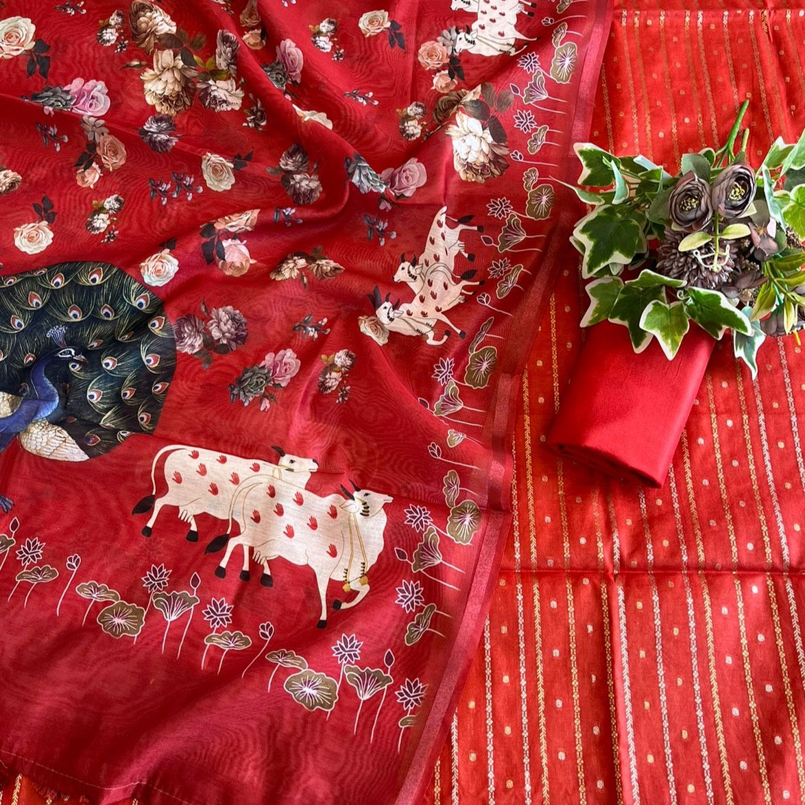 Banarasi Chandler Silk Pichwai Unstitched Salwar Suit Fabric - Yellow, Black,