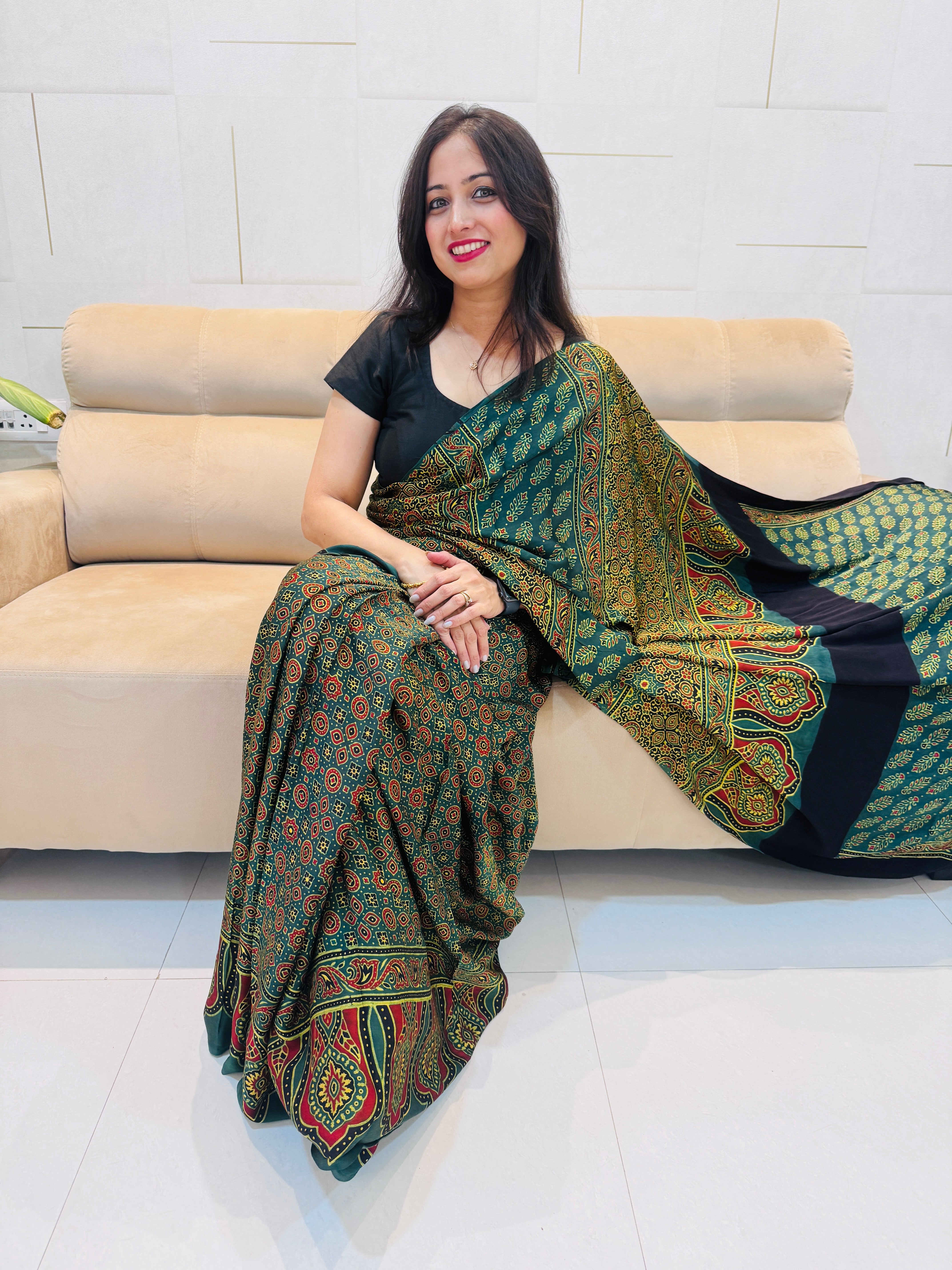 Modal Silk Ajrakh Saree With Natural Dyes- Green