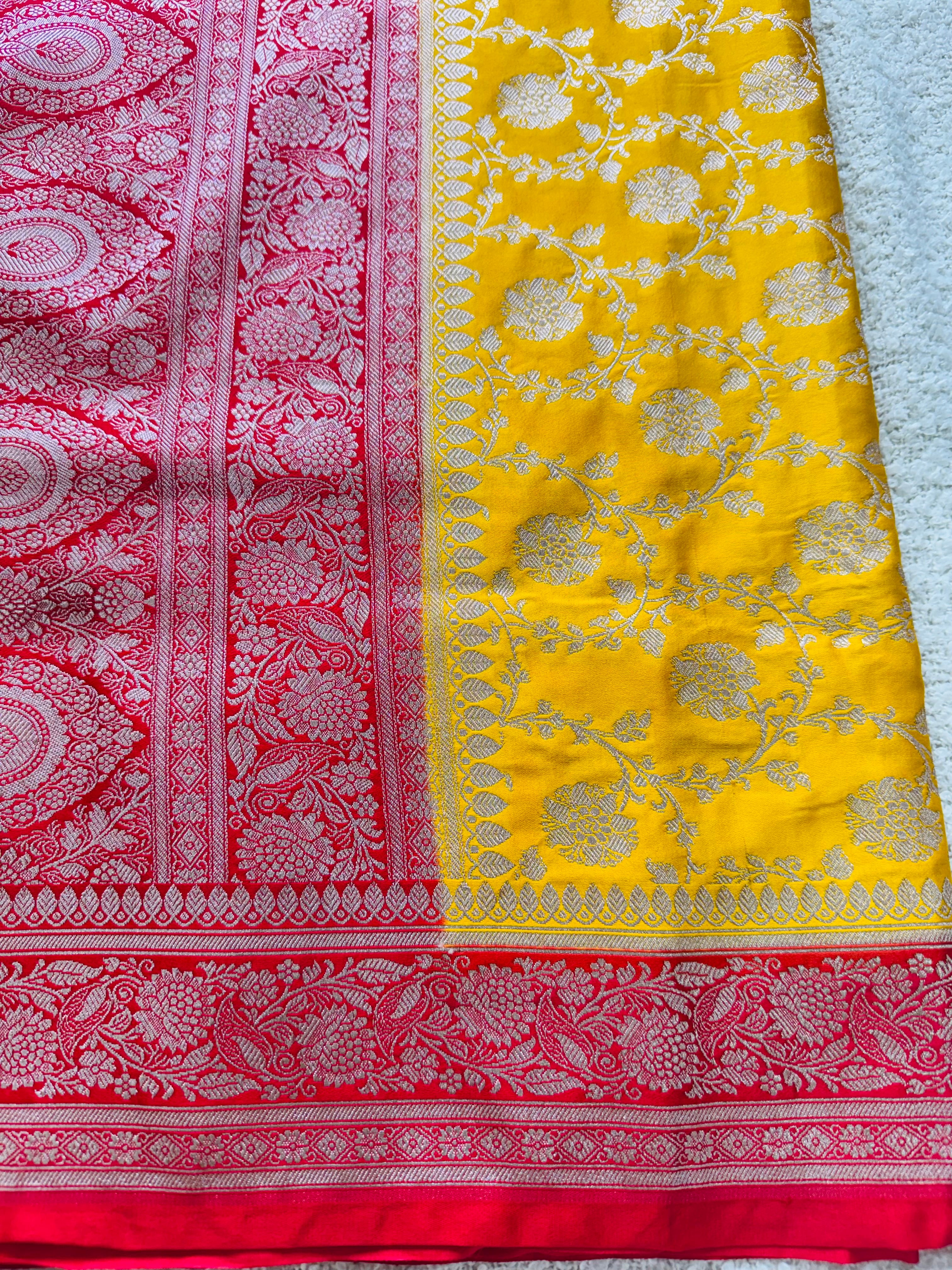 Banarasi Pure Mashroo Silk Saree - Yellow, Orange, Red, Purple, Blue, Pink
