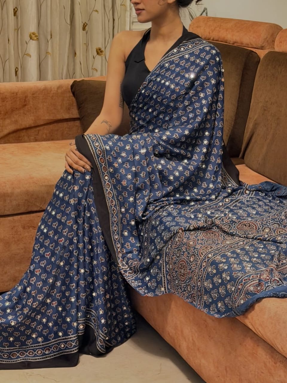 Modal Silk Ajrakh Saree With Natural Dyes and with Mirror Work Red, Indigo, Black and Customisation available