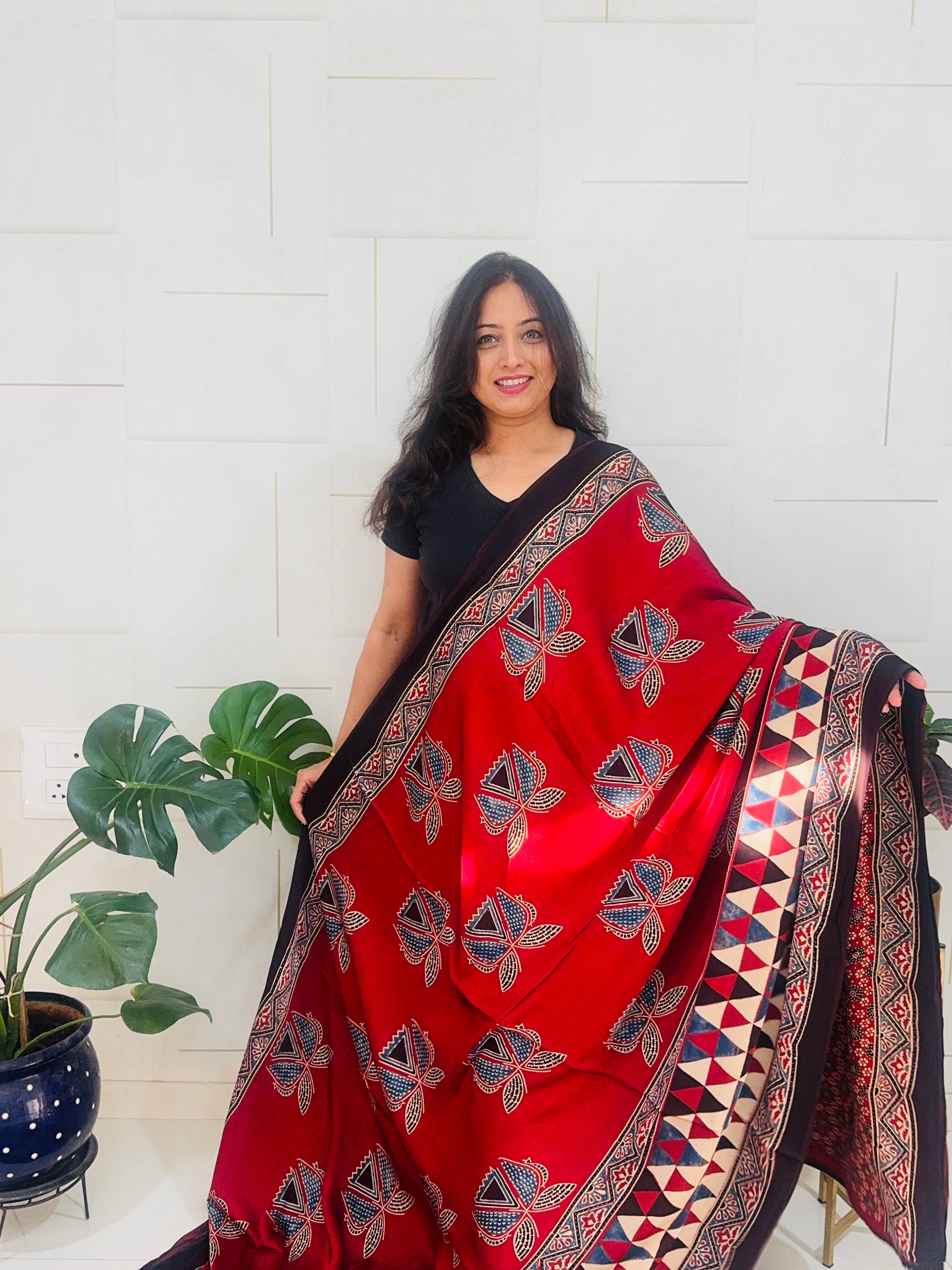 Modal Silk Ajrakh Saree With Natural Dyes