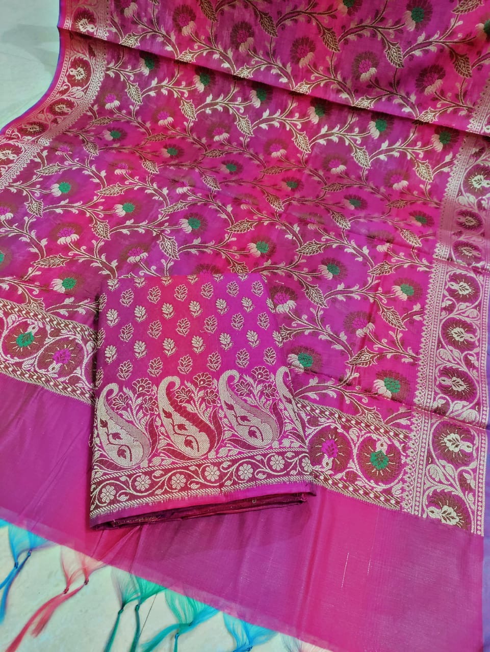 Banarasi Cotton Silk Unstitched Suit Material - Sea Blue, Pink, Peach, Green