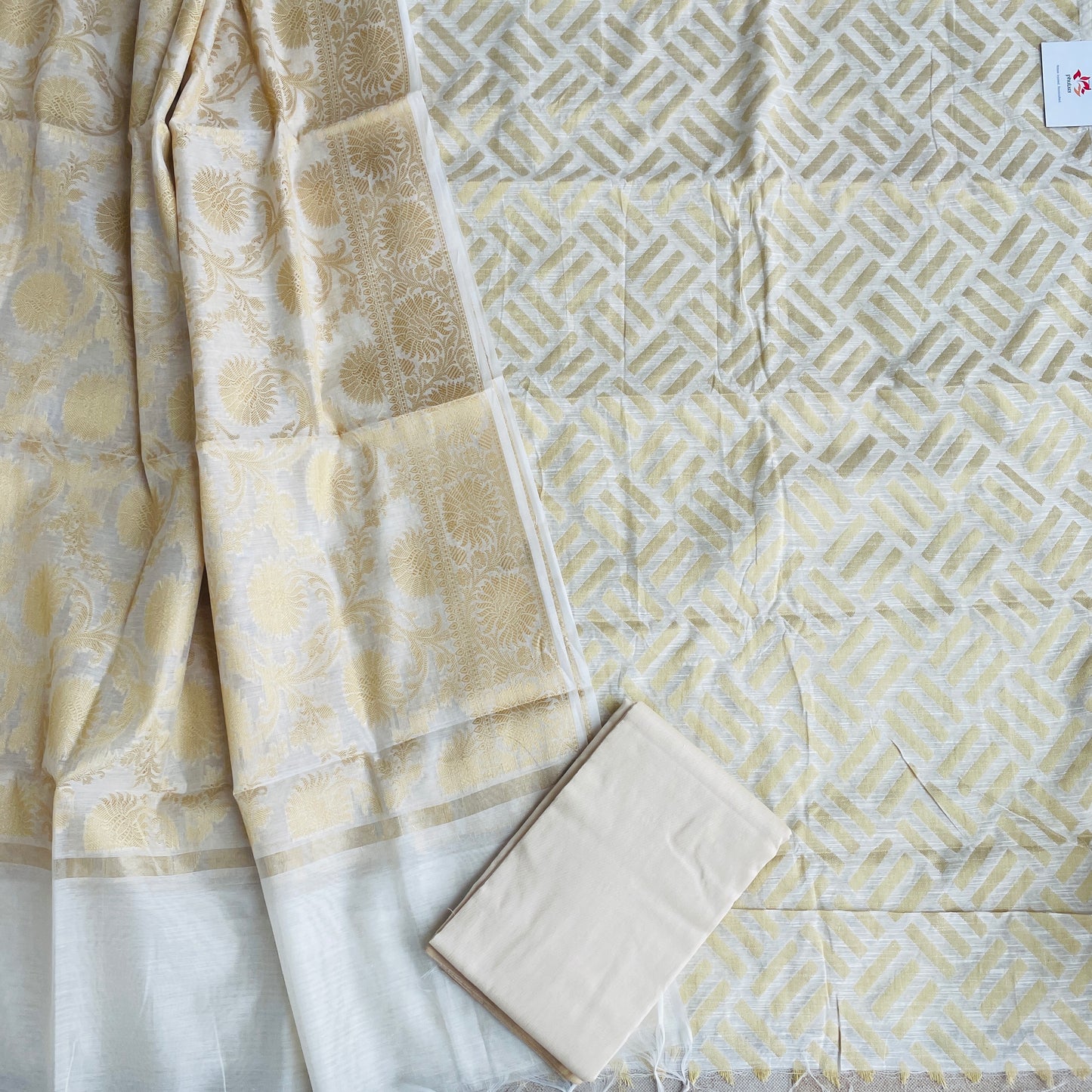 Banarasi Cotton Silk Unstitched Suit Material - White and Gold