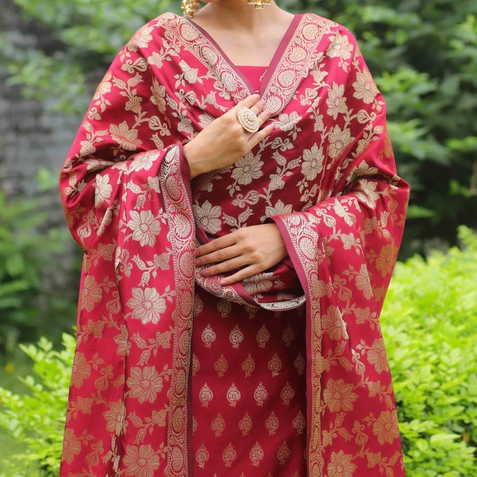 Banarasi Karan Silk Unstitched Suit Material With Woven Jari Dupatta - Red, Blue, Green, Black