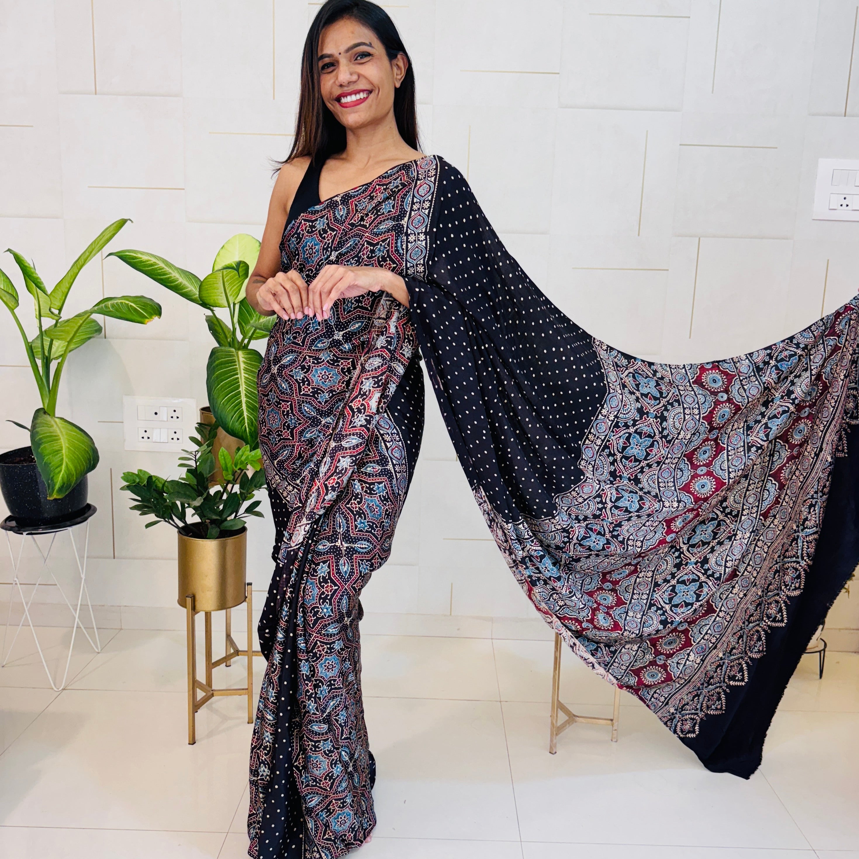 Modal Silk Ajrakh Saree With Natural Dyes - Black With Polka Dots and Ajrakh Hand Block