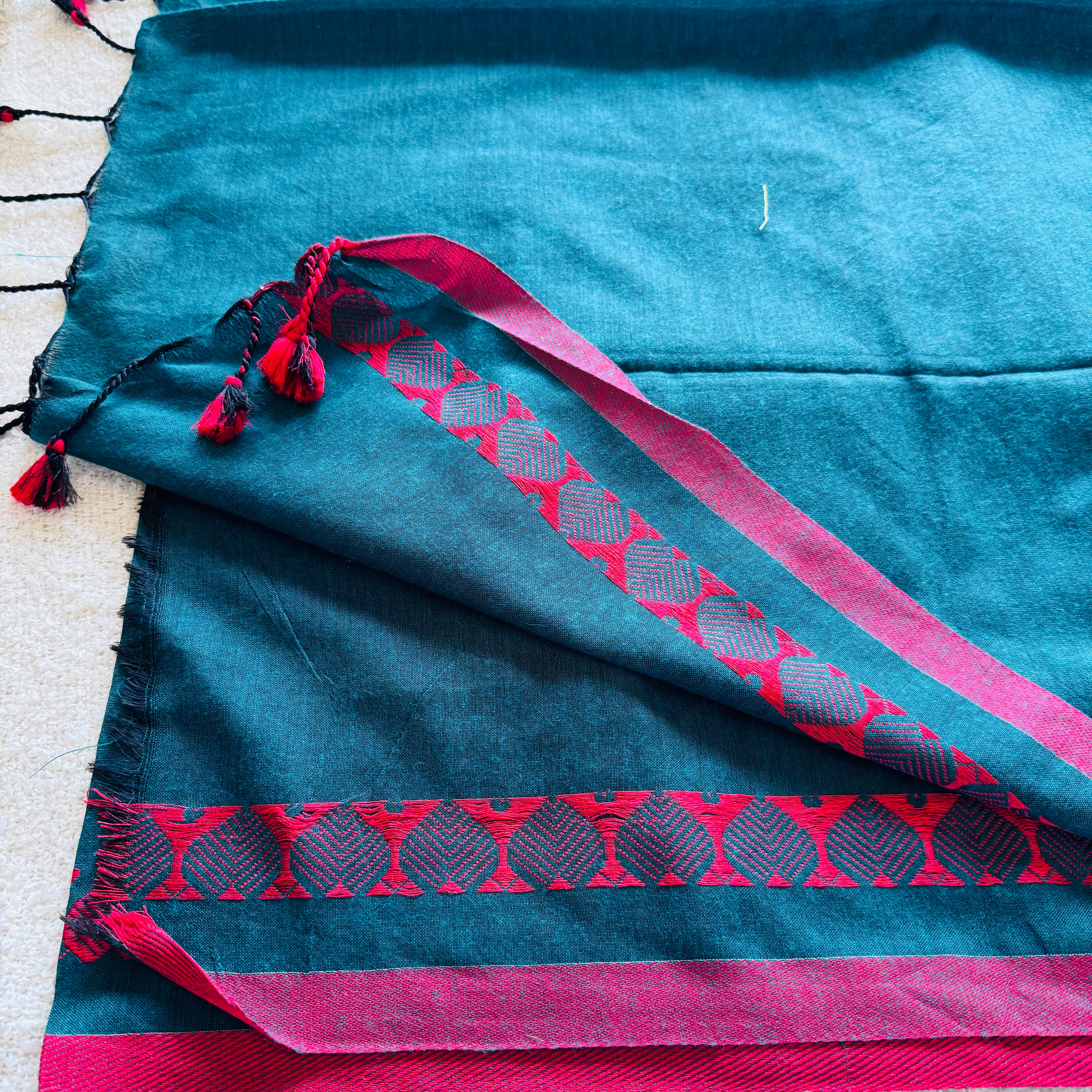 Handloom Pure Soft Cotton - Green With Small Red Woven Border