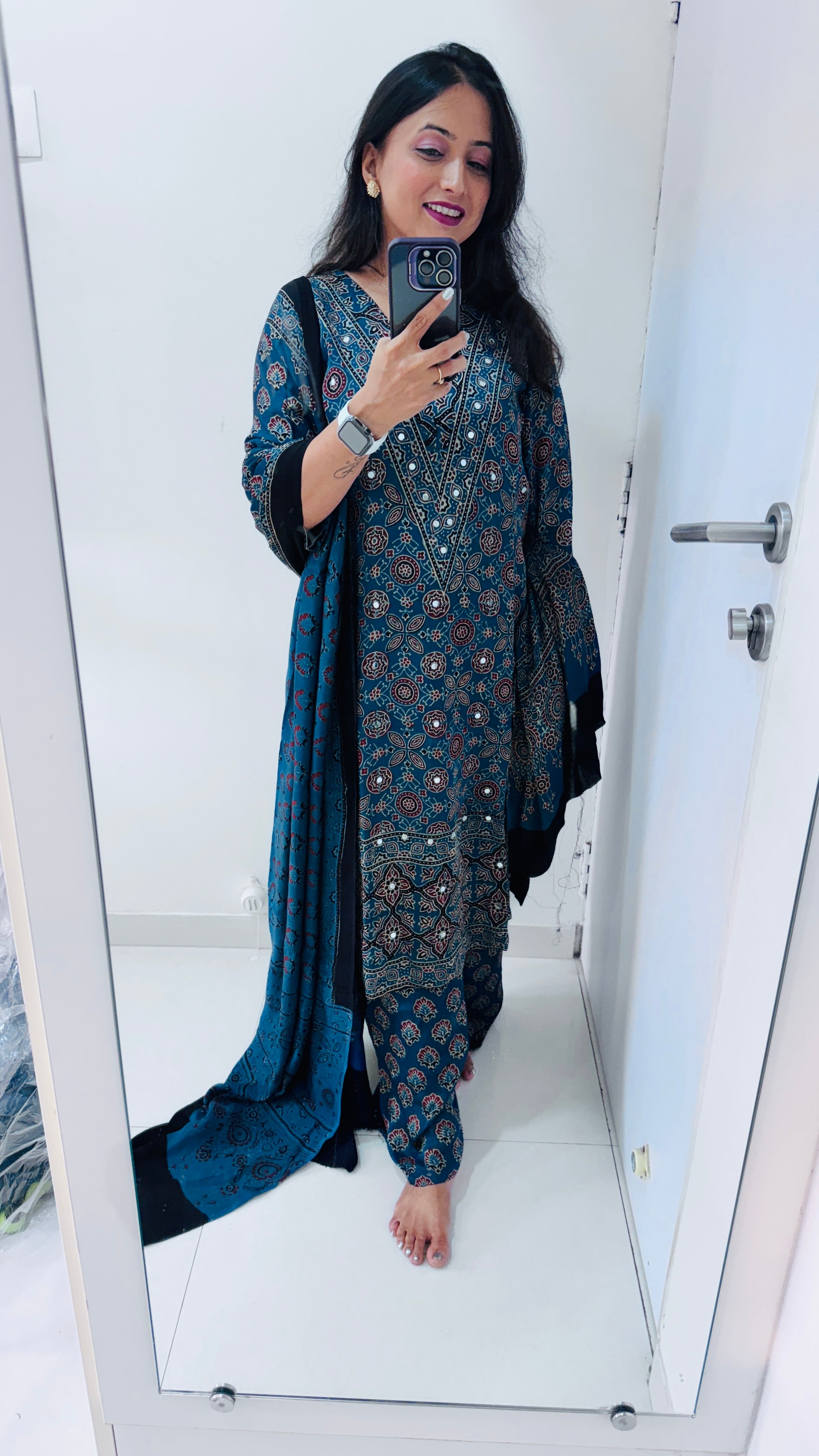 Pure modal silk hand block Ajrakh 3 suit material - Indigo