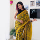 Modal Silk Ajrakh Saree With Natural Dyes - Yellow With Animal Print Hand Block