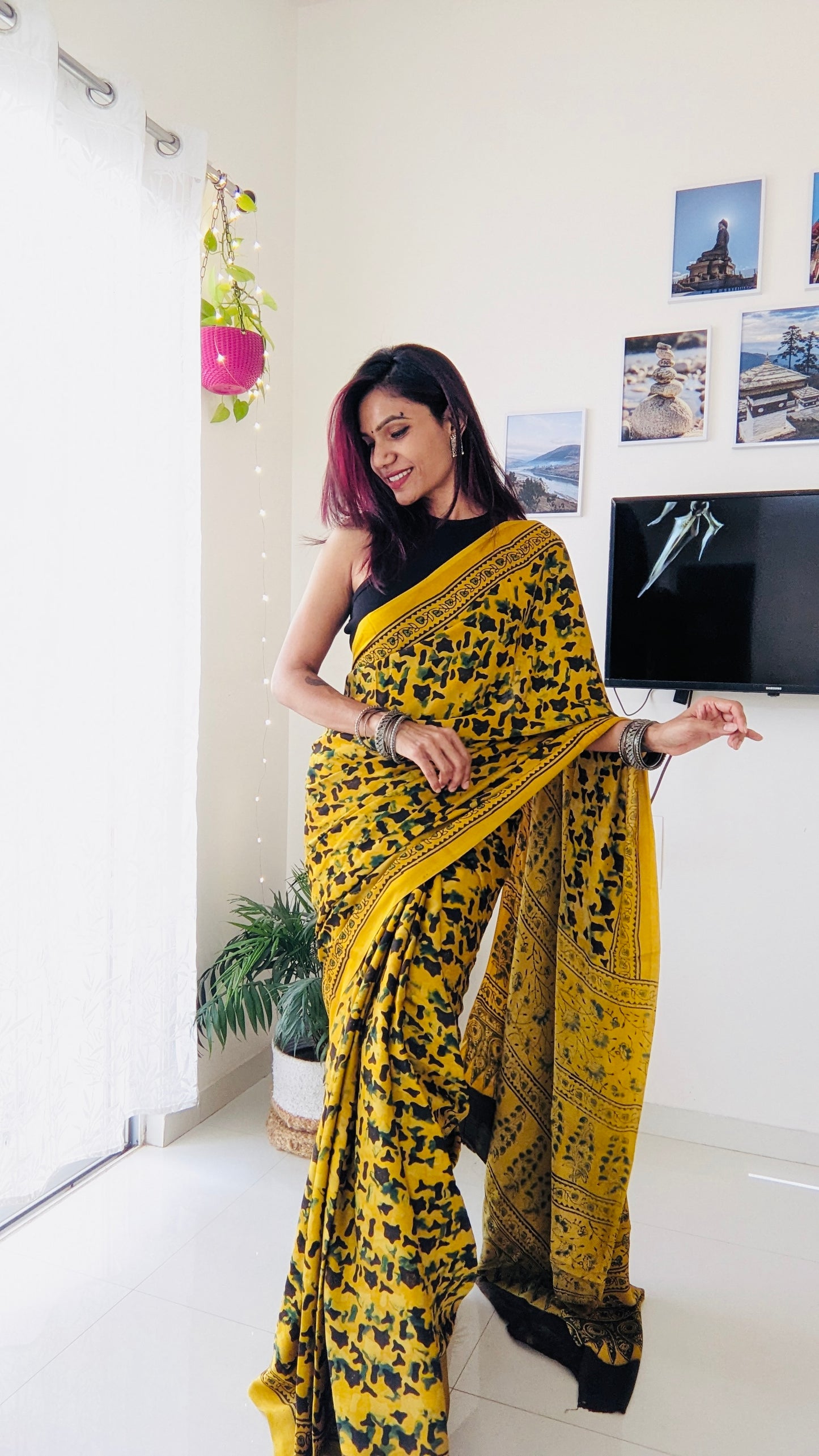 Modal Silk Ajrakh Saree With Natural Dyes - Yellow With Animal Print Hand Block