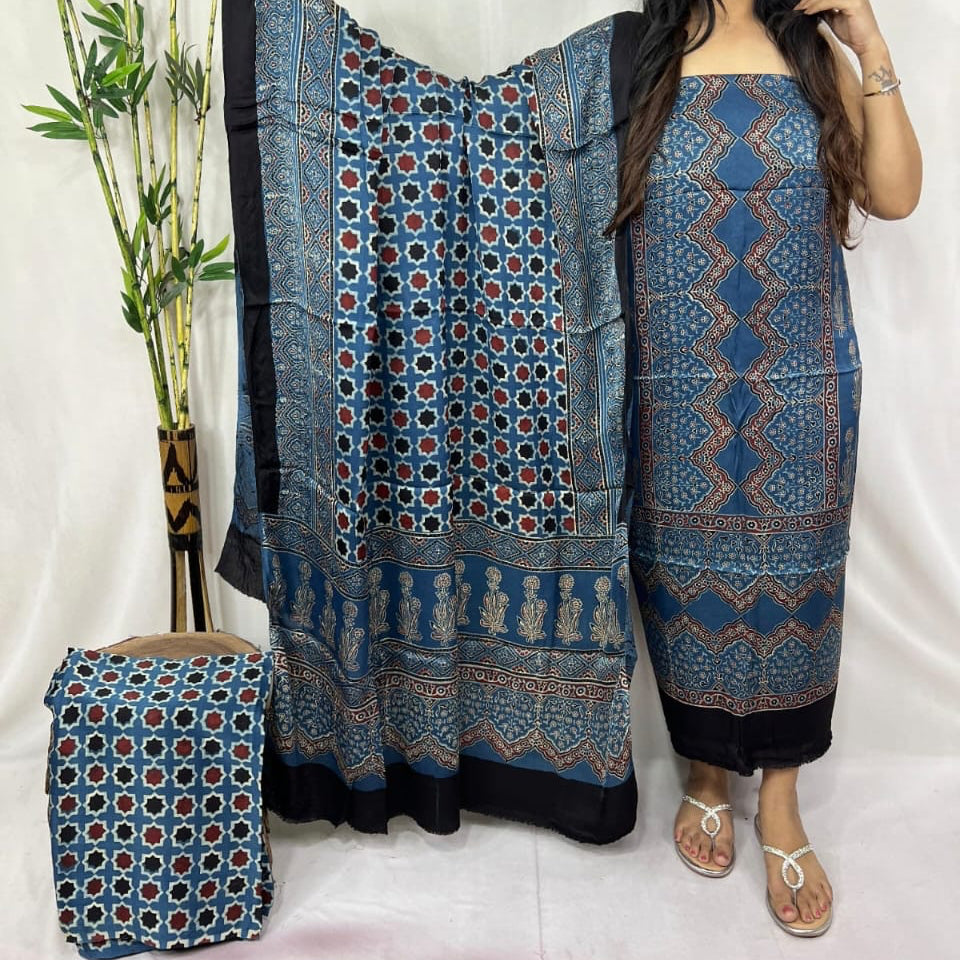 Pure modal silk hand block Ajrakh 3 suit material - Indigo with different hand block prints