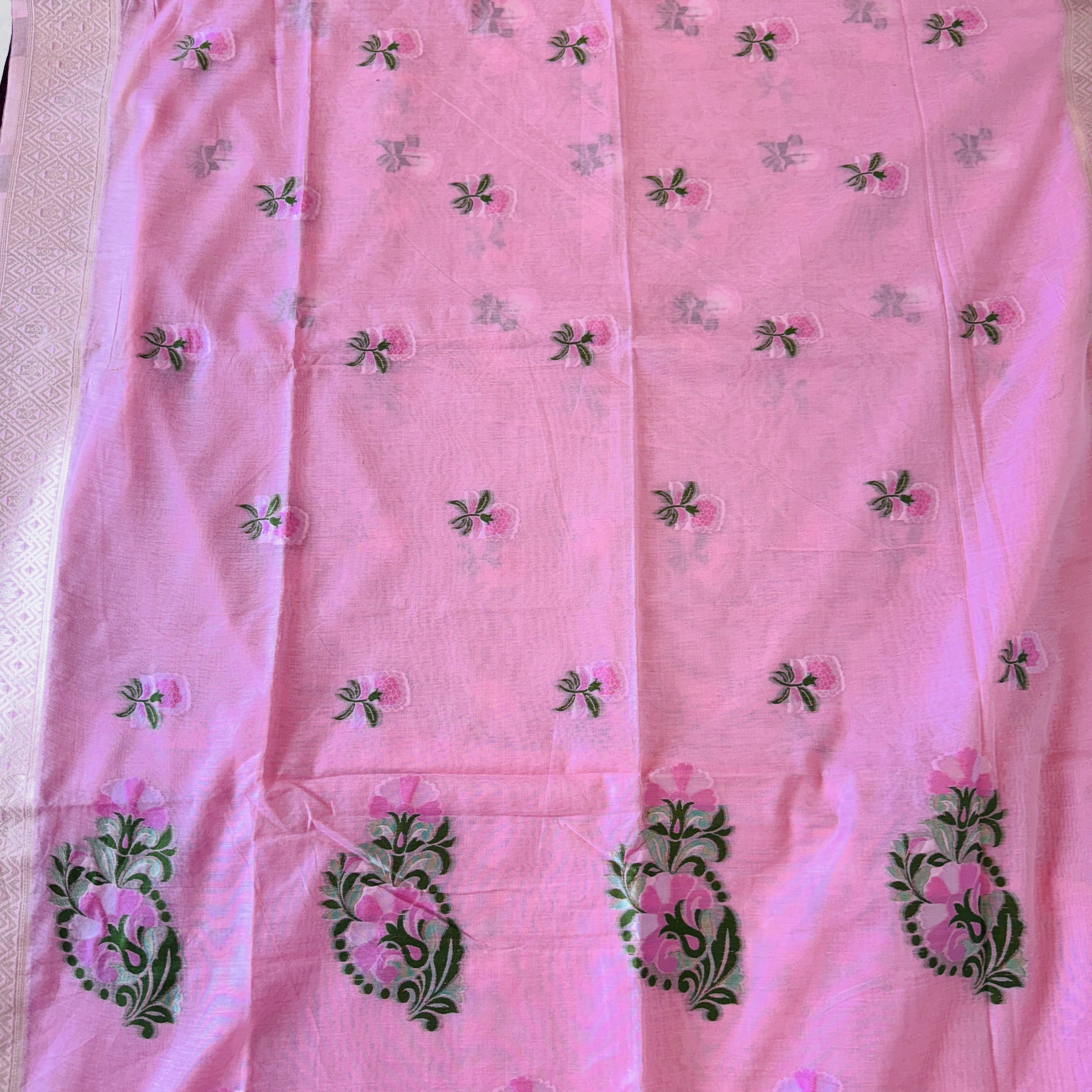 Hand Woven and Handloom Pure Muslin Munga Cotton Silk Jamdani With Design - White, Pink,