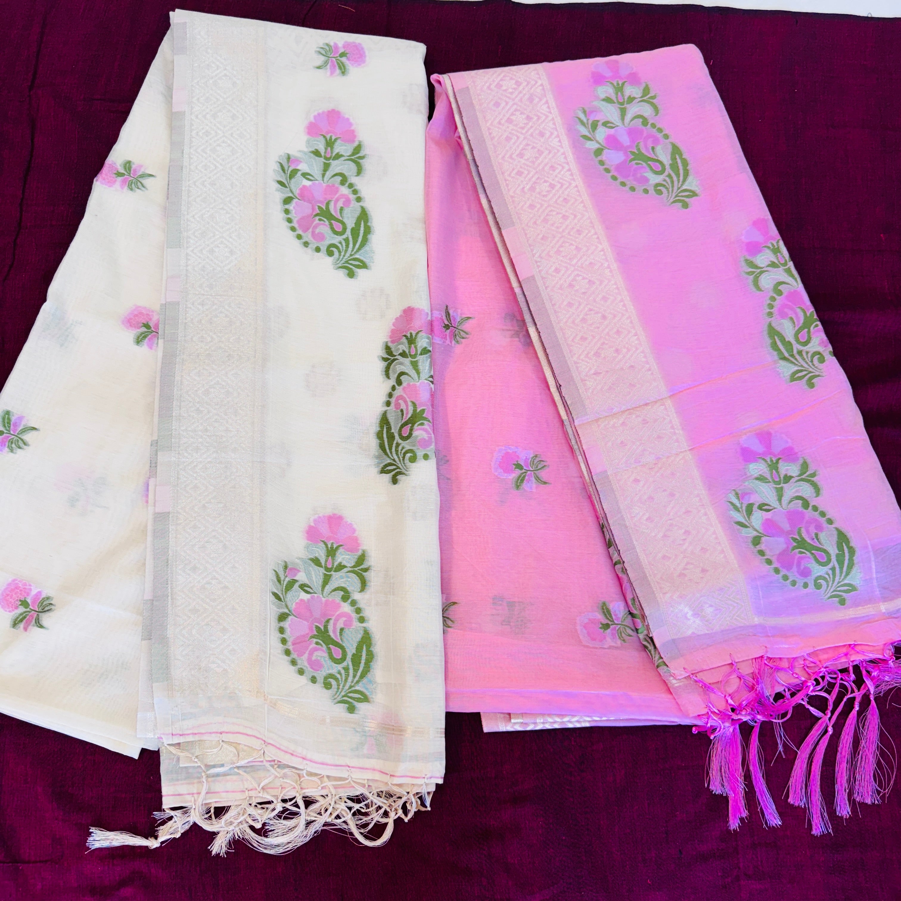 Hand Woven and Handloom Pure Muslin Munga Cotton Silk Jamdani With Design - White, Pink,