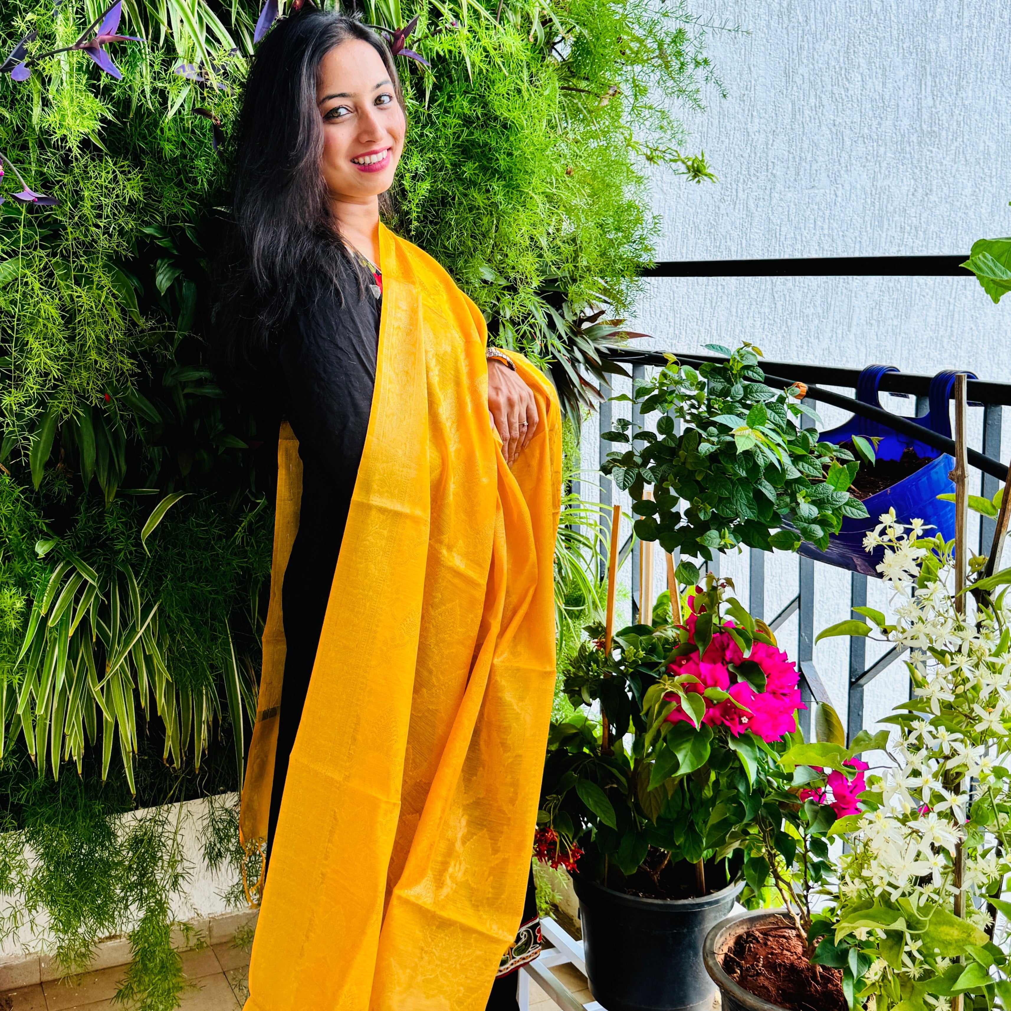 Banarasi Cotton Silk With Flower Butti Dupatta- Yellow