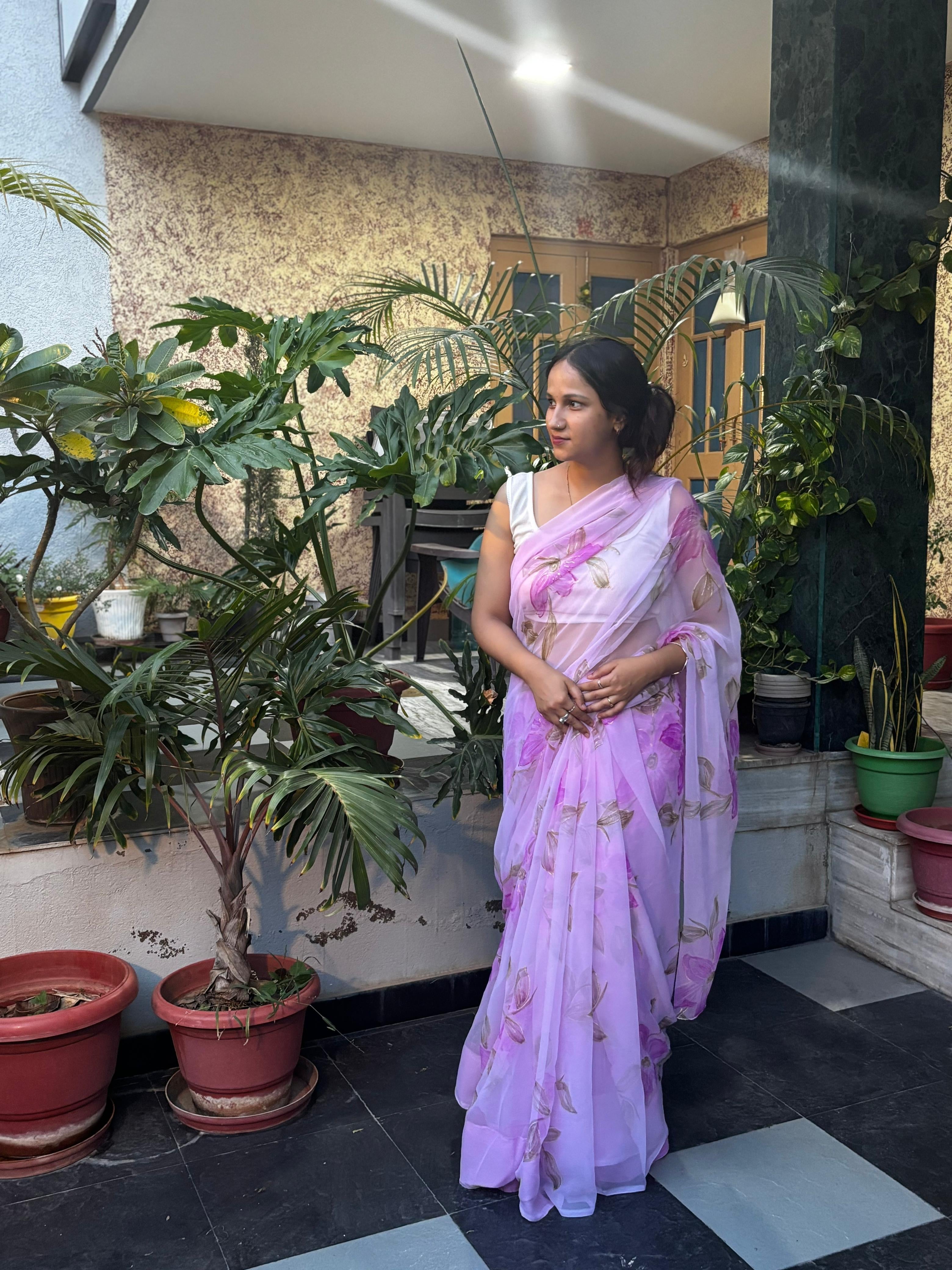 Floral Printed Chiffon Saree - Pink, Blue, Peach