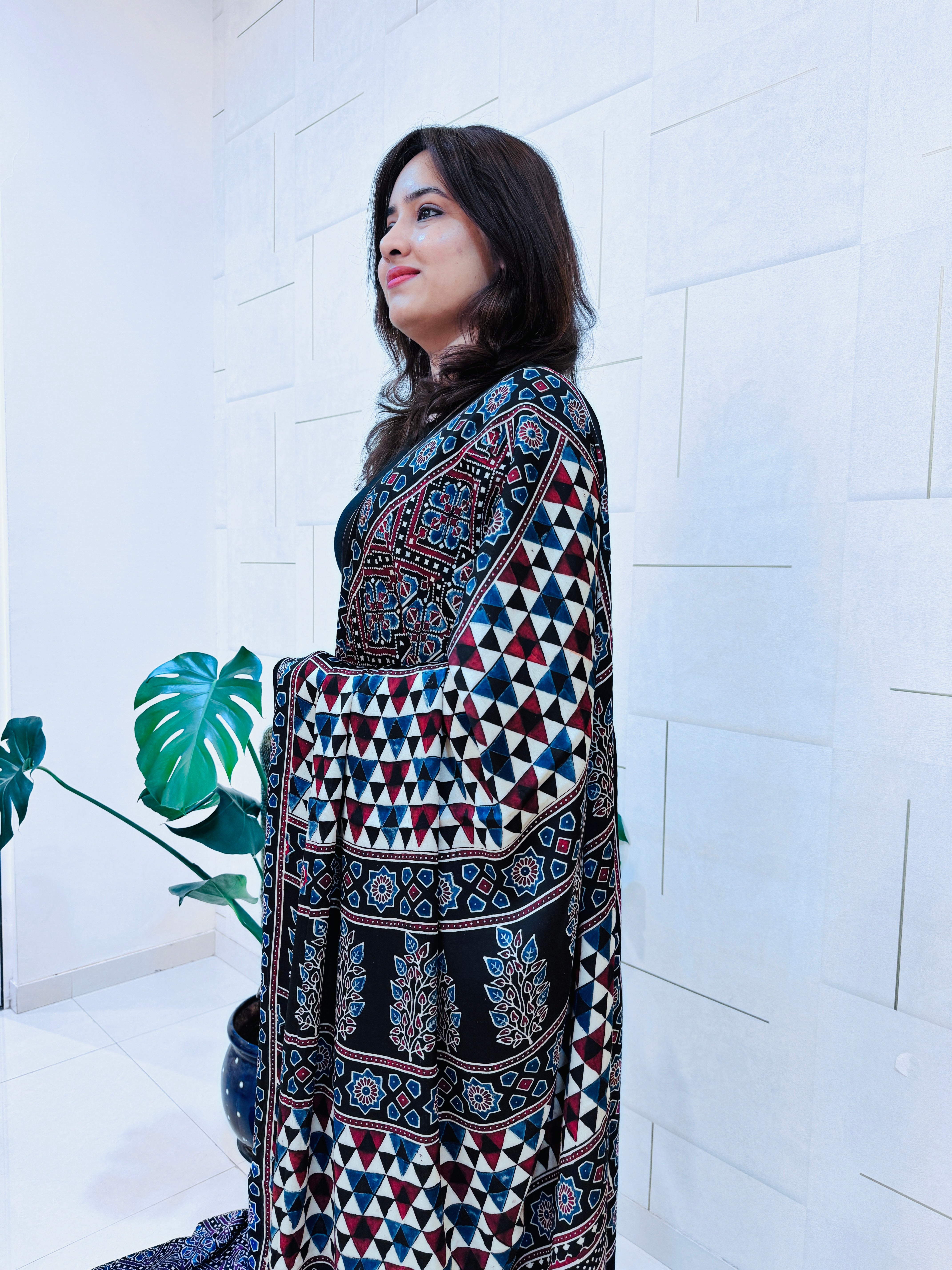 Modal Silk Ajrakh Saree With Natural Dyes