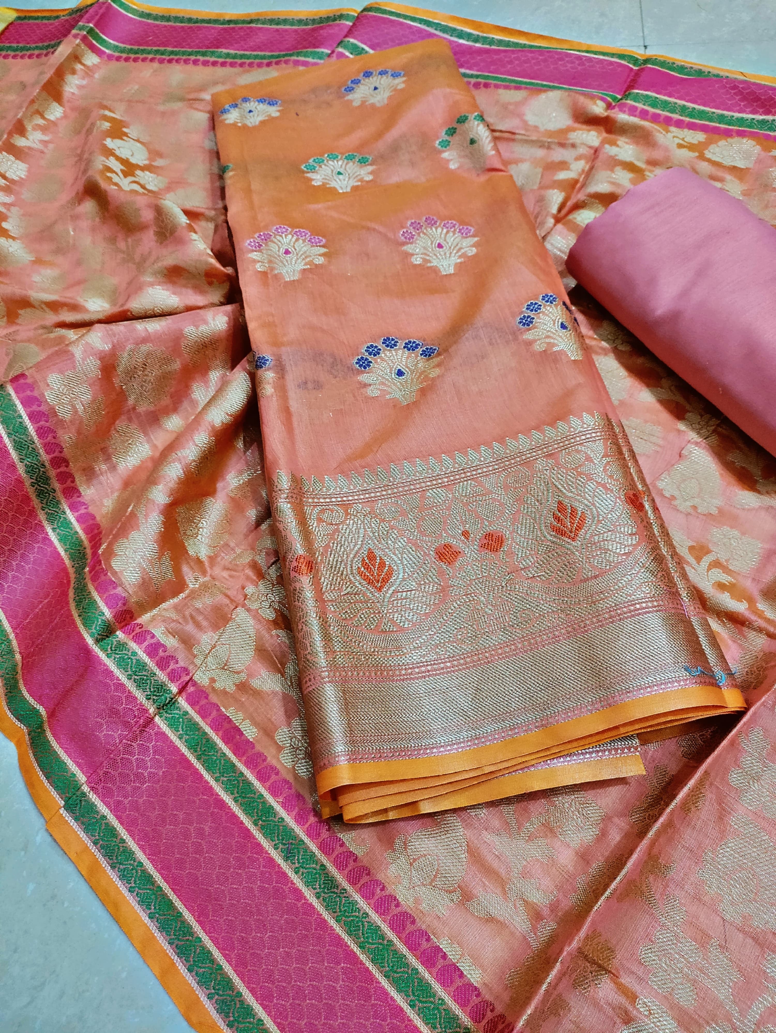 Banarasi Cotton Silk Unstitched Suit Material - Sea Blue, Pink, Peach, Green