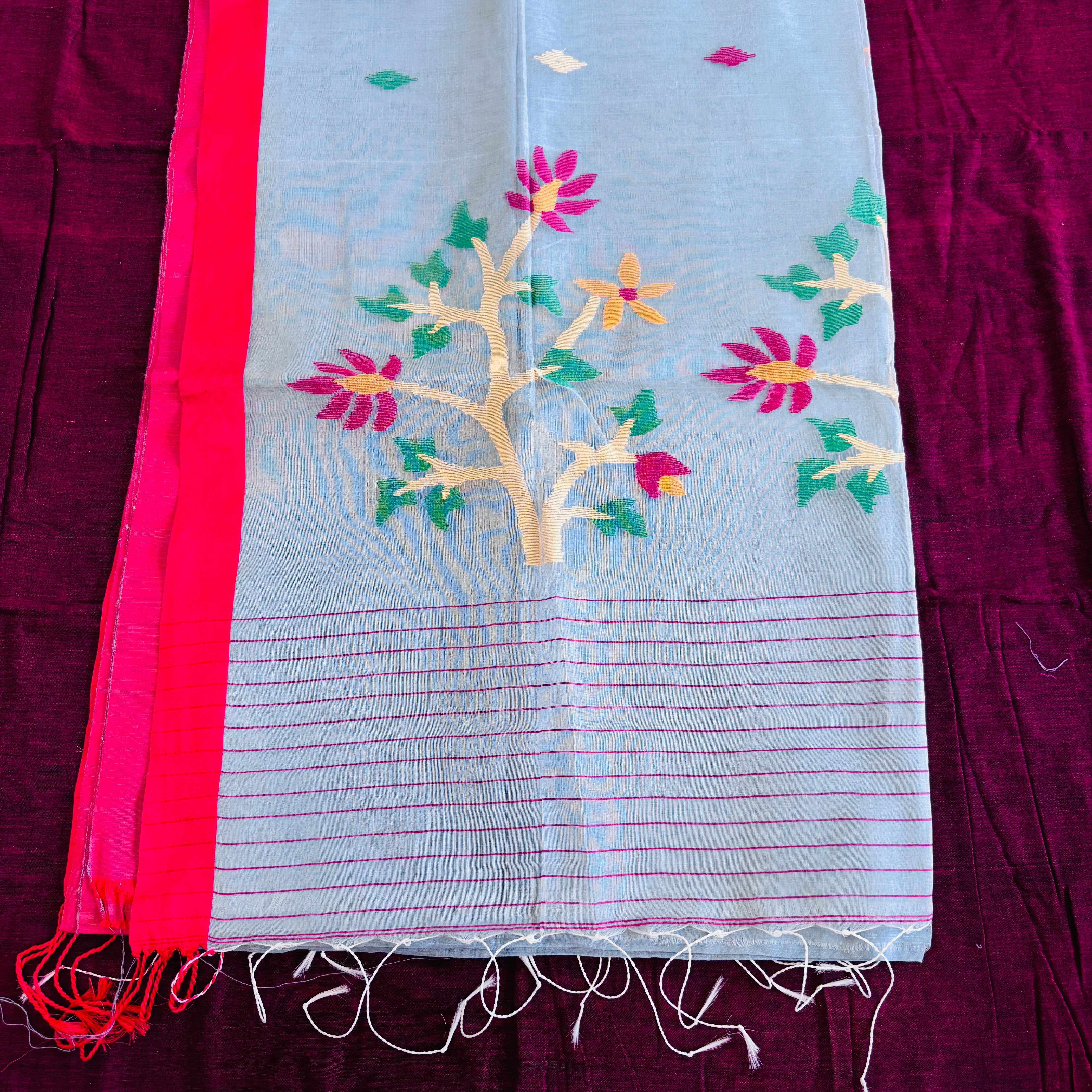 Handloom Pure Muslin Silk Jamdani -Grey With Red Border and woven Floral Butta
