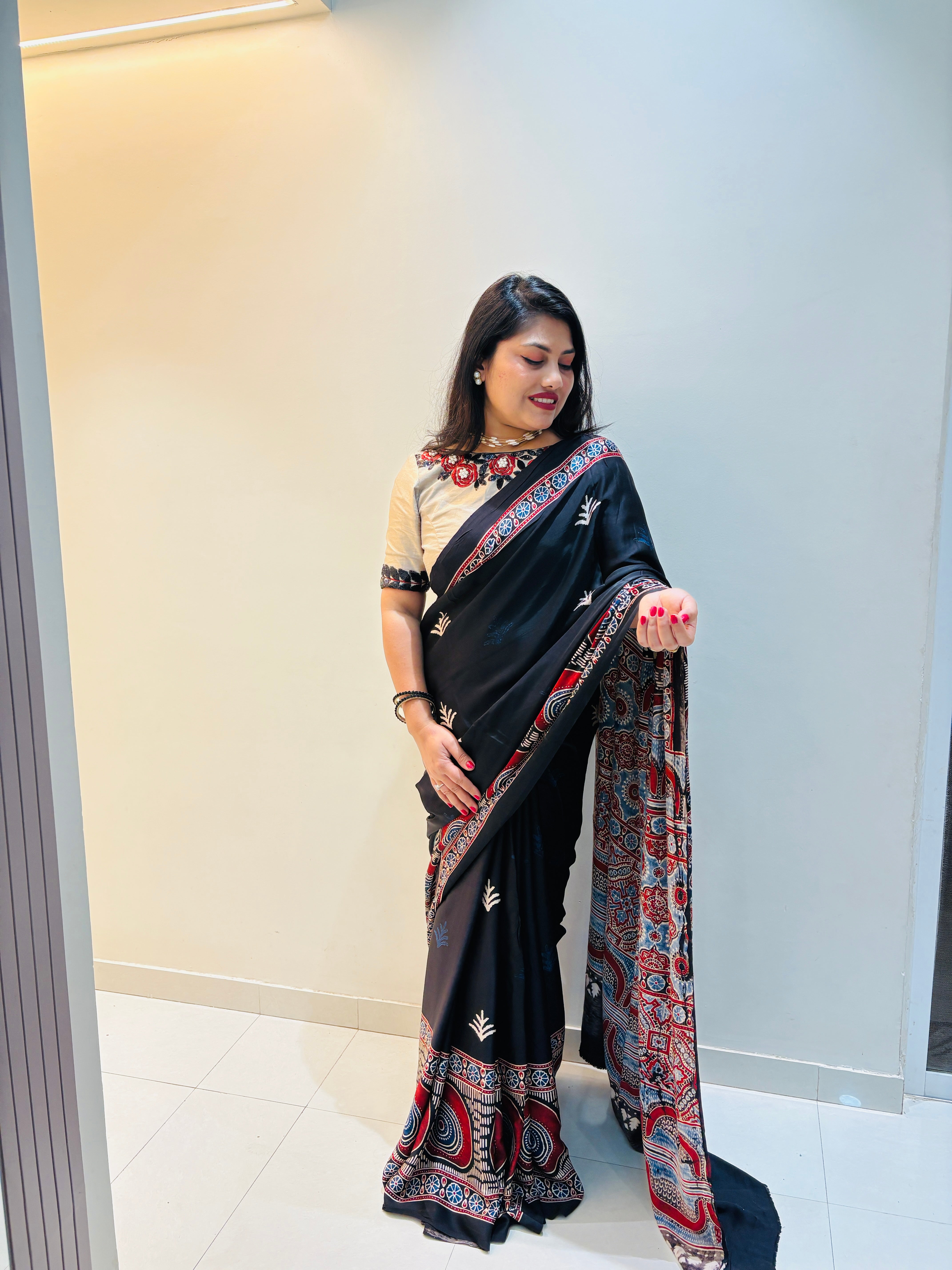 Modal Silk Ajrakh Saree With Natural Dyes- Black