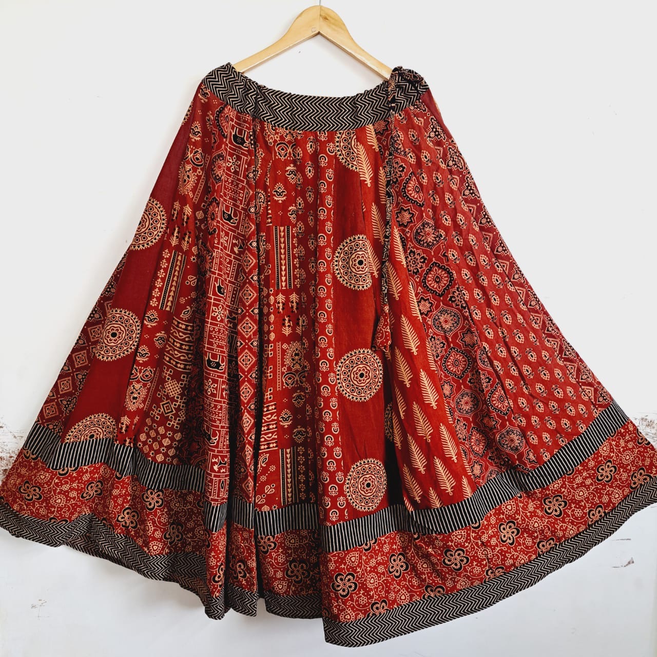 Cotton Ajrakh skirt - Black, Red