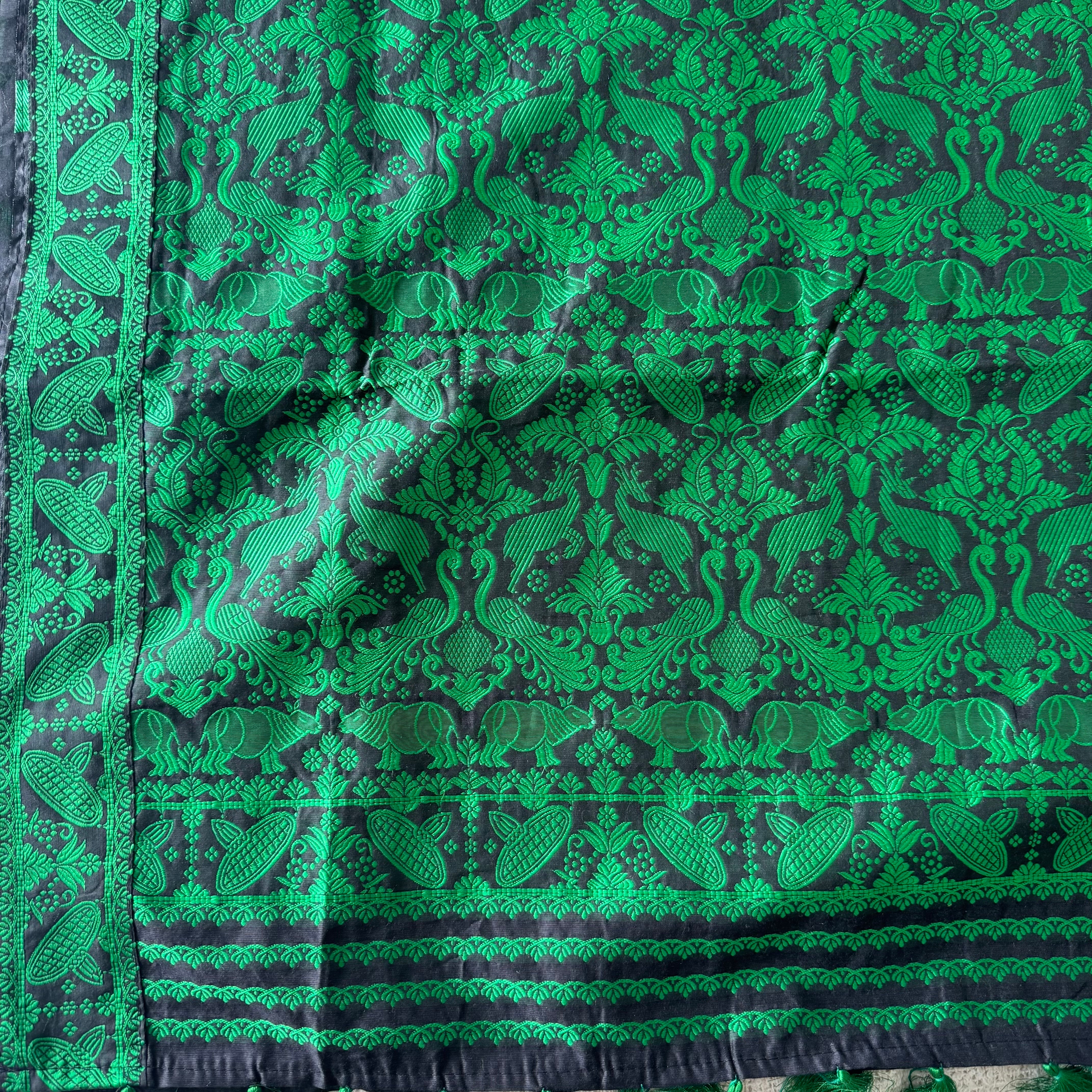 Assam Mugasilk Silk Saree in Black Color with Ancient Authentic Design With Green Weave