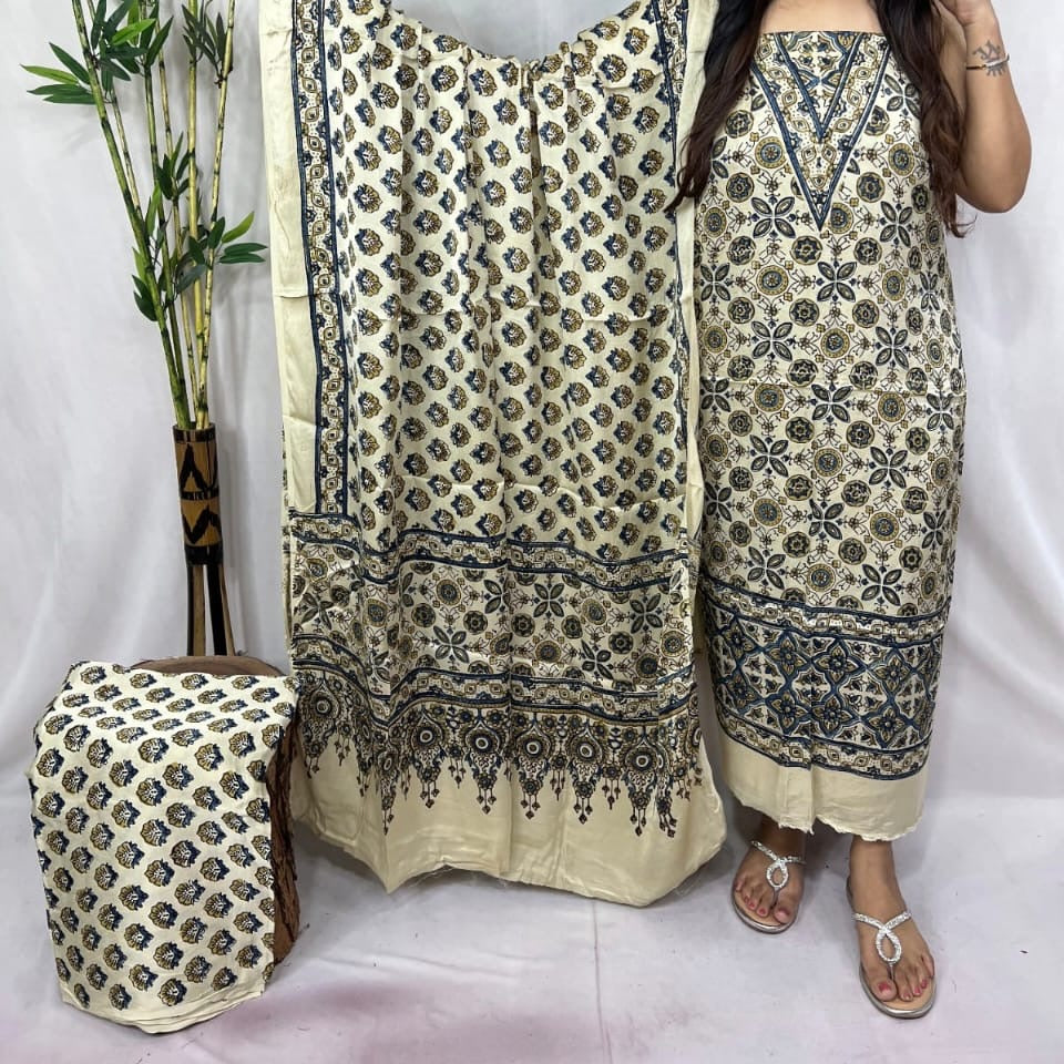 Pure modal silk hand block Ajrakh 3 suit material - Red with different hand block prints