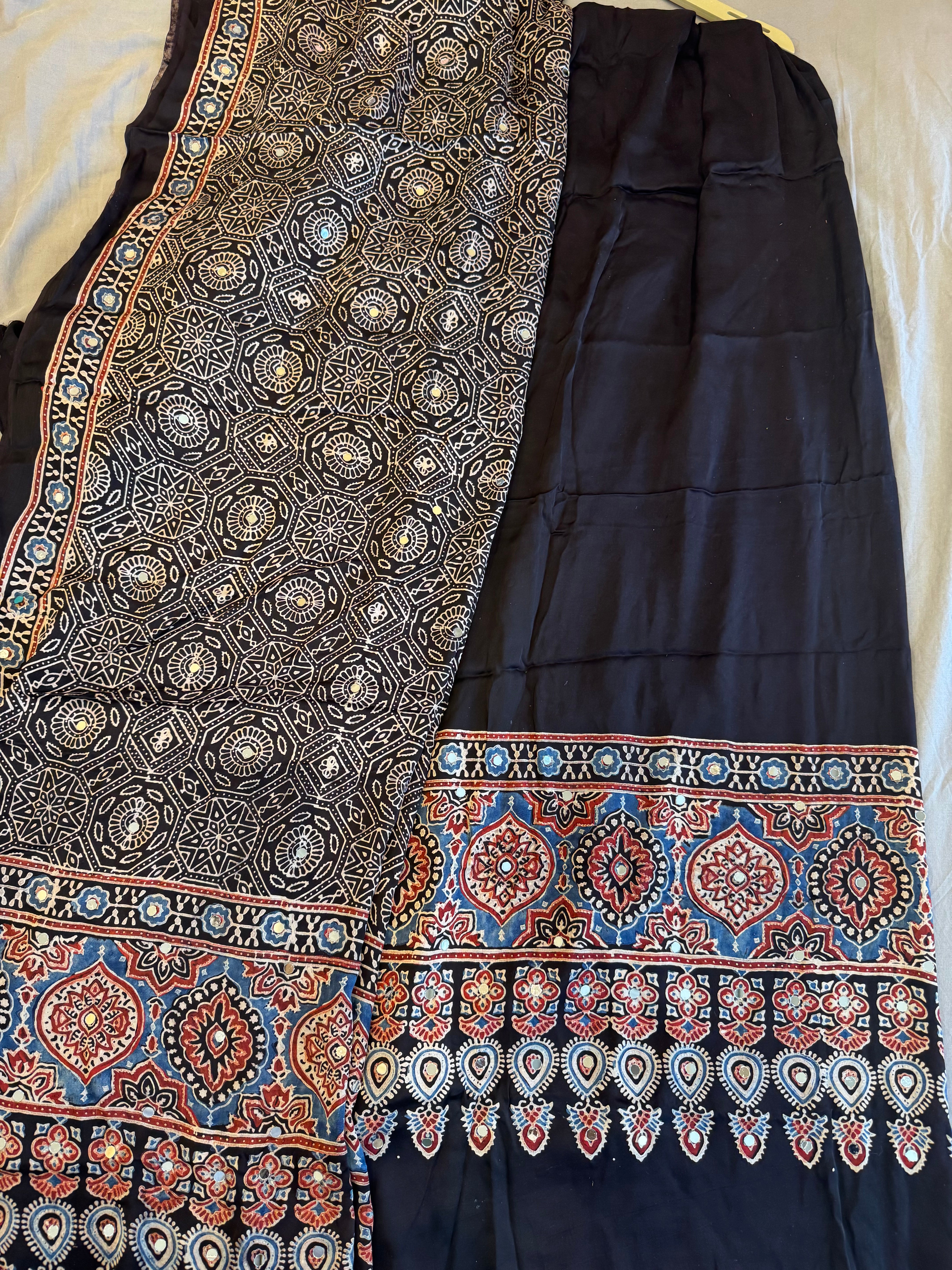Pure modal silk handblock ajrakh suit material - Black with different hand block prints