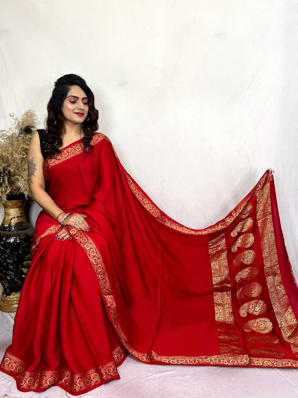 Modal Silk Mashroo Mix Ajrakh Saree With Natural Dyes - Black, Green, Red, Mustard, Hot Pink, Maroon, Purple Pink