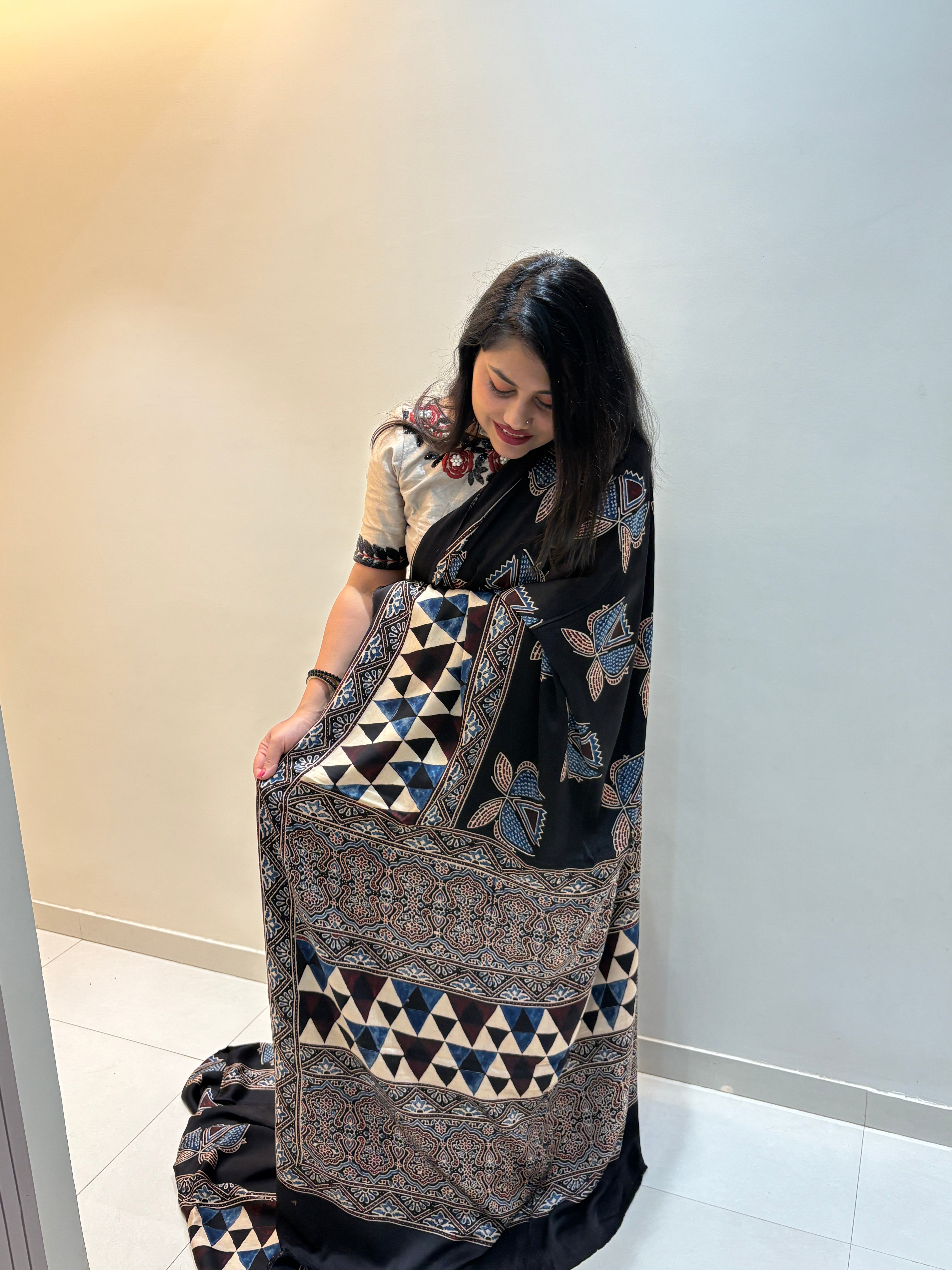 Modal Silk Ajrakh Saree With Natural Dyes - Black