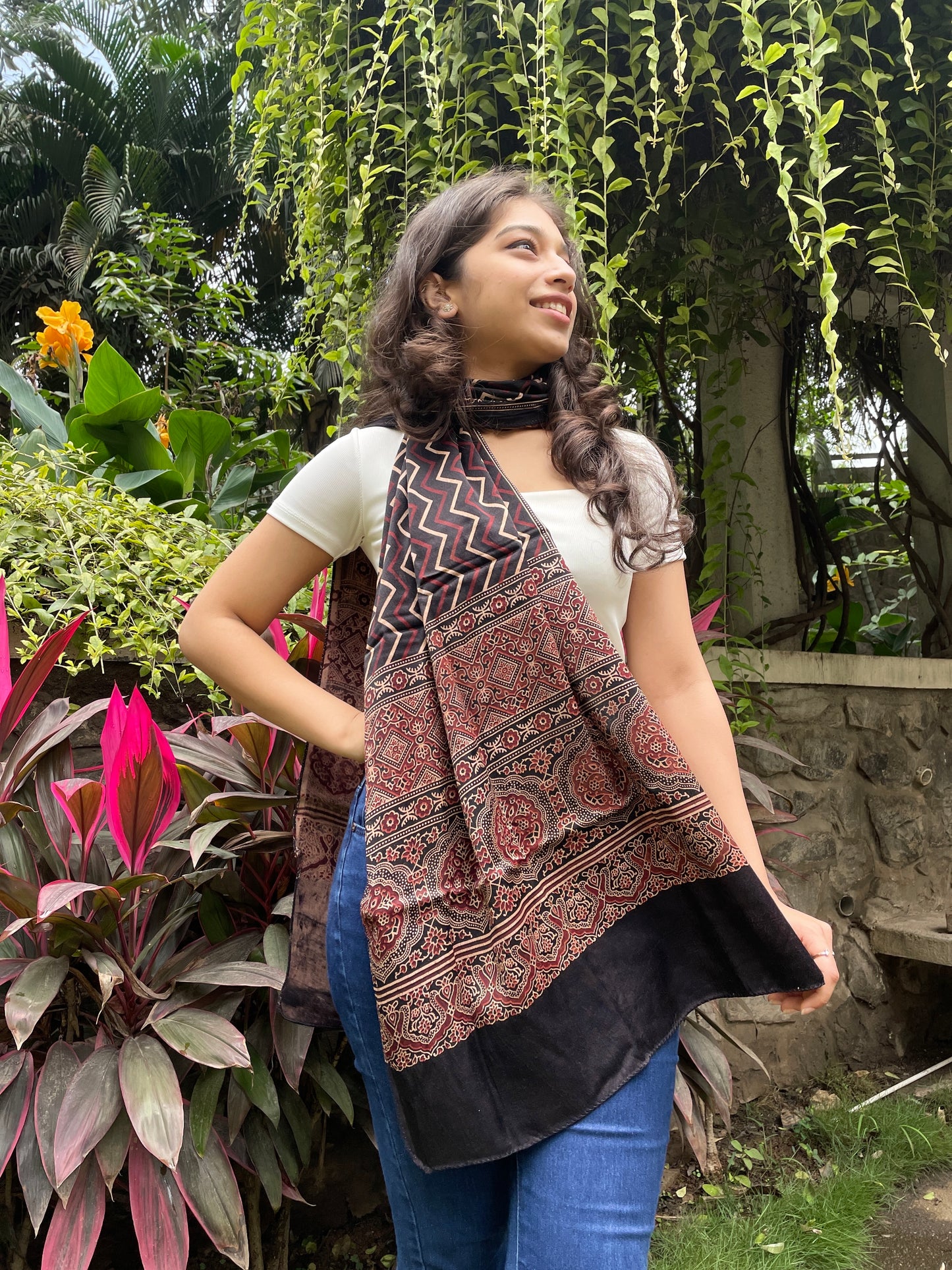 Mashru Silk Ajrakh Print Stole - Black