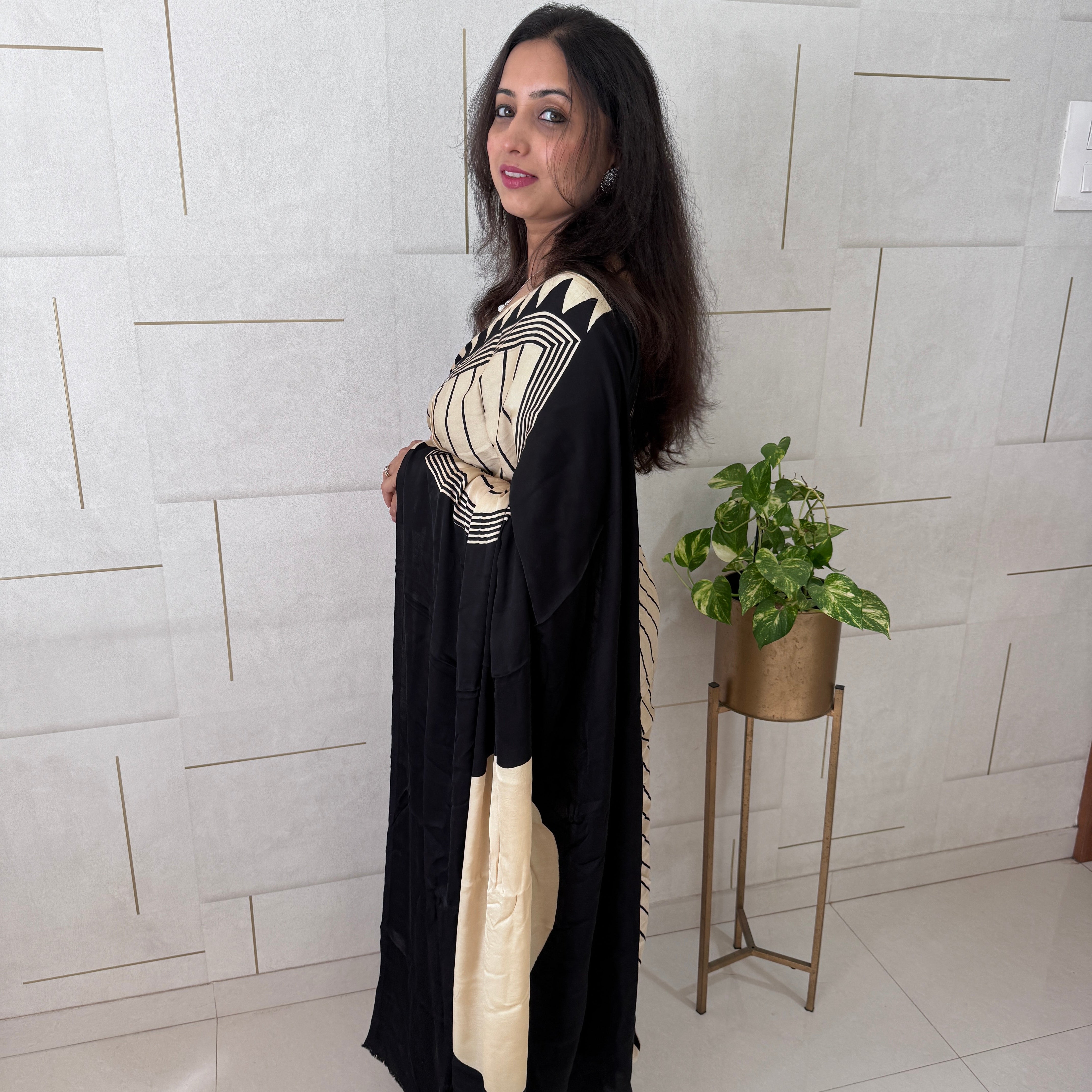 Modal Silk Ajrakh Saree With Natural Dyes - White and Black - Pre Order