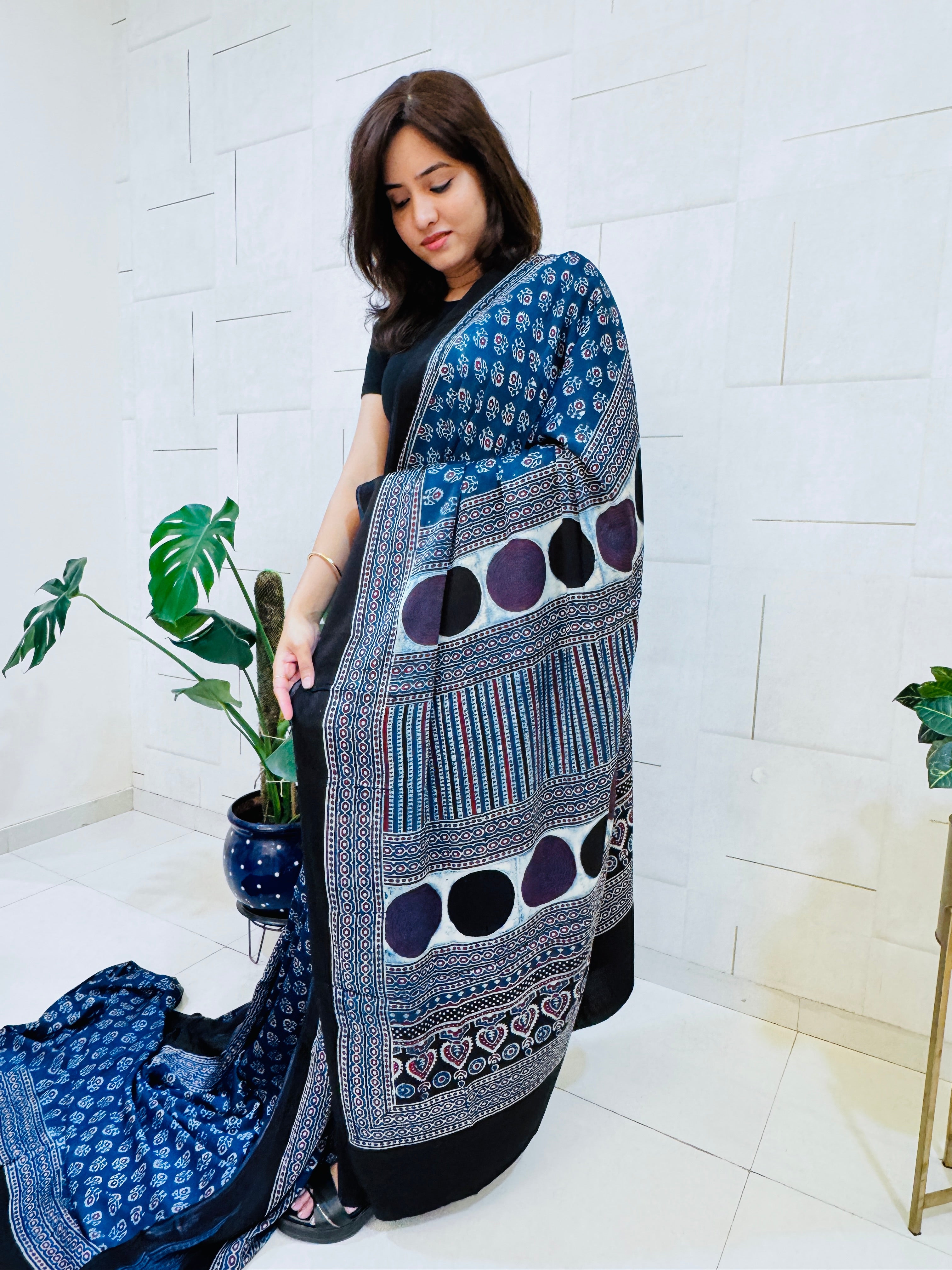 Modal Silk Ajrakh Saree With Natural Dyes - Indigo