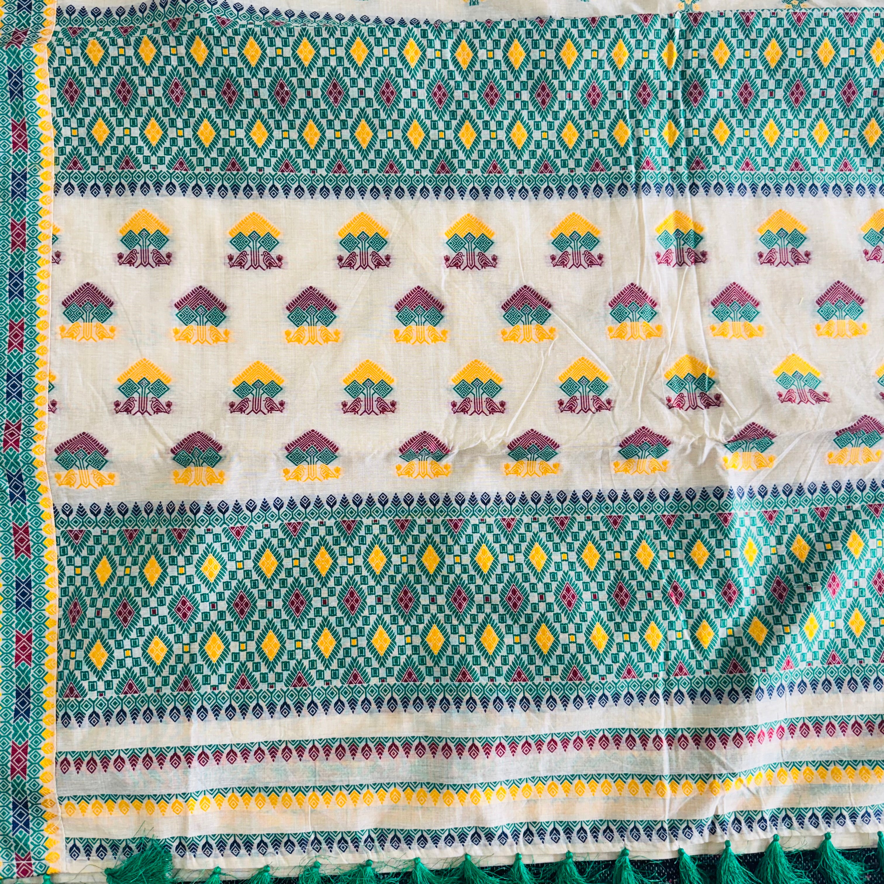 Assam Mugasilk Silk Saree in Golden Muga Color with Ancient Authentic Design With Green Weave