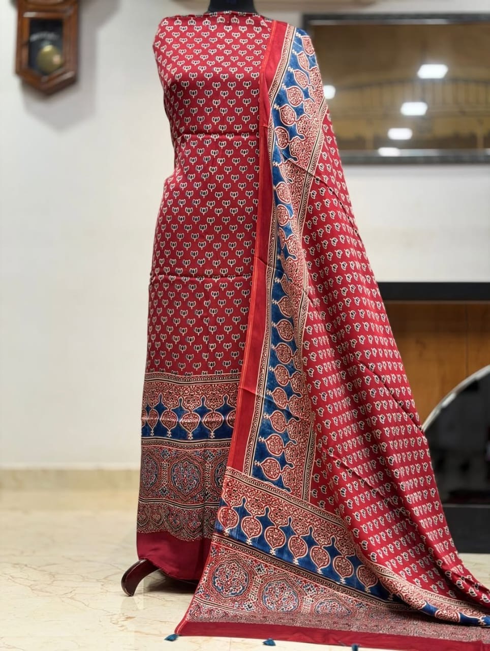 Pure modal silk hand block Ajrakh 3 suit material - Red with different hand block prints