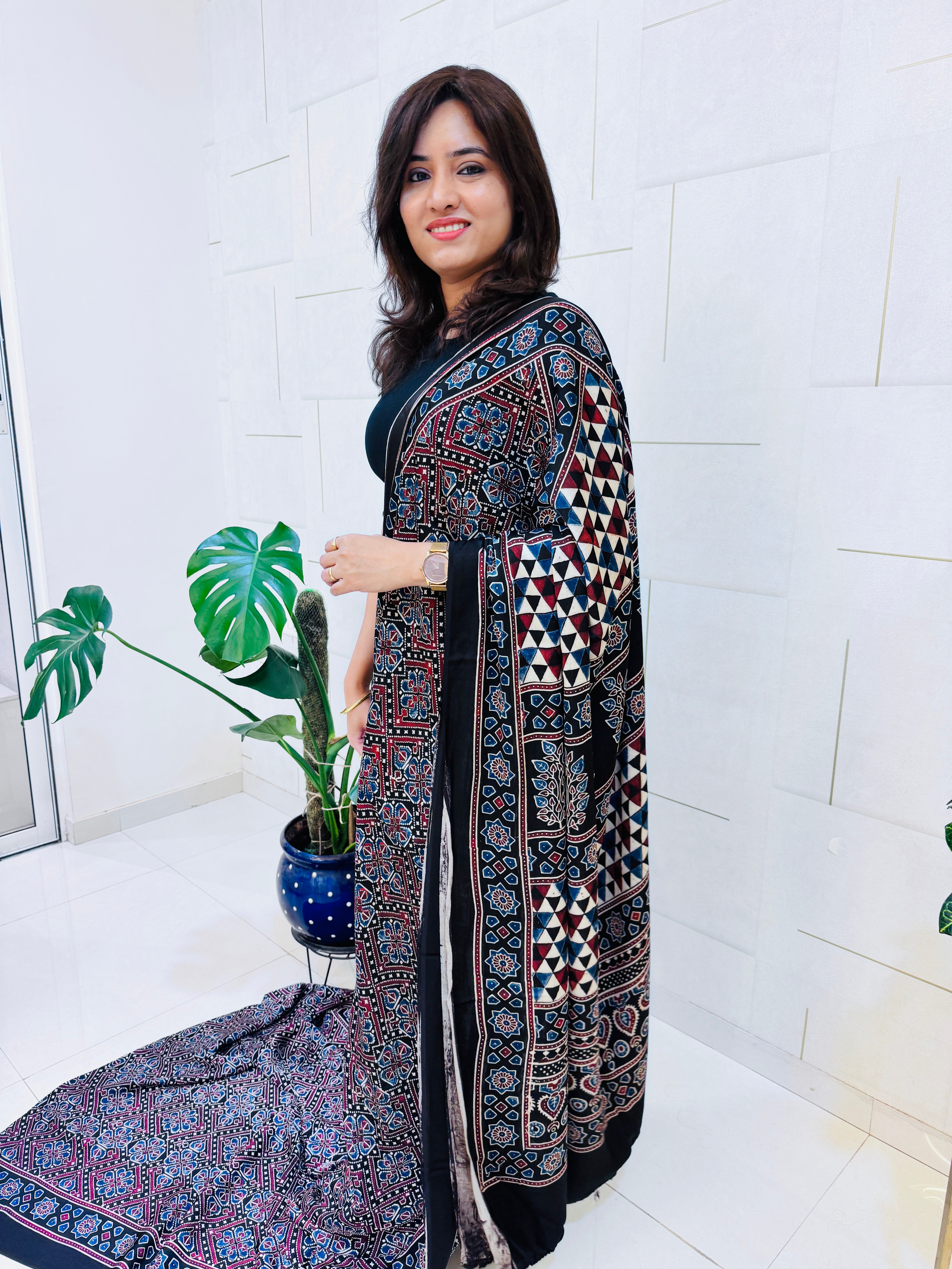 Modal Silk Ajrakh Saree With Natural Dyes