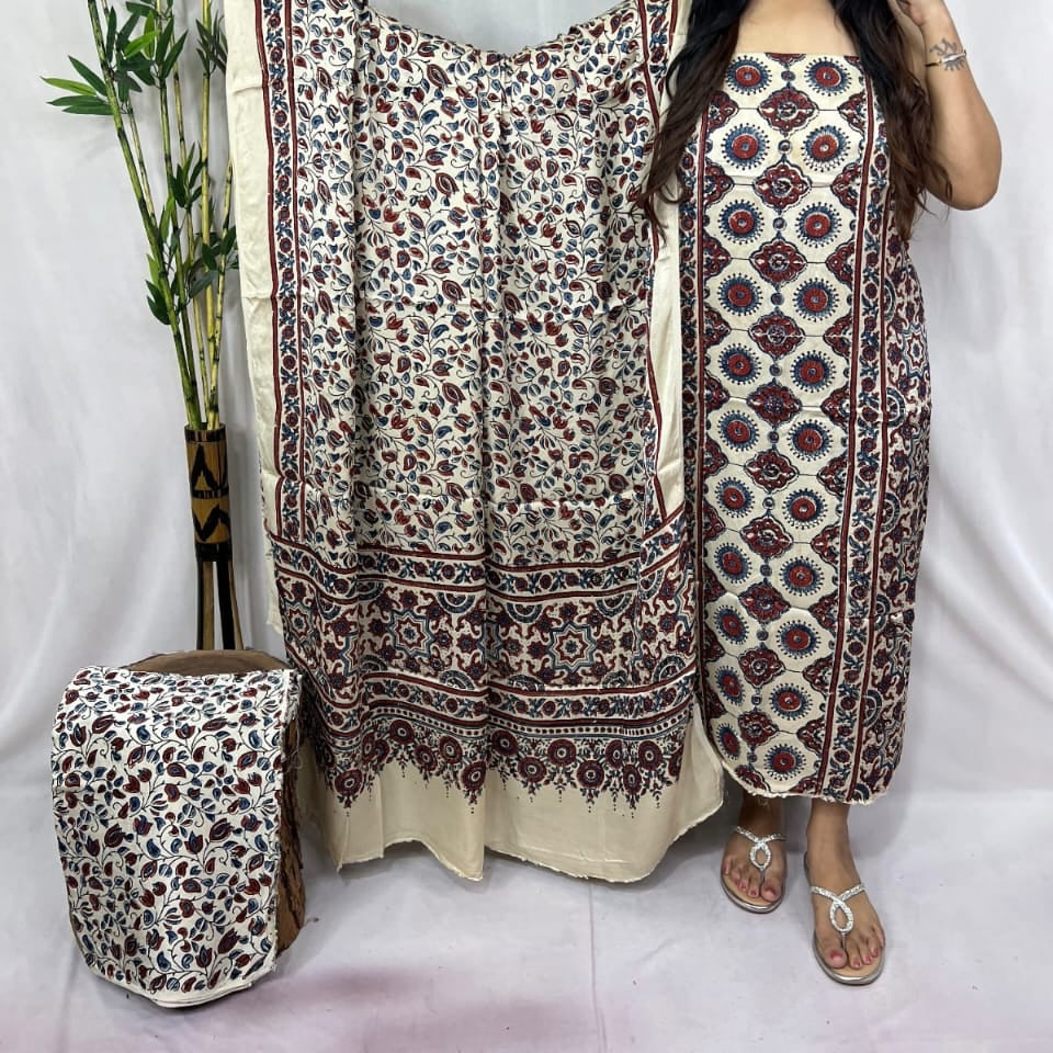 Pure modal silk hand block Ajrakh 3 suit material - Red with different hand block prints