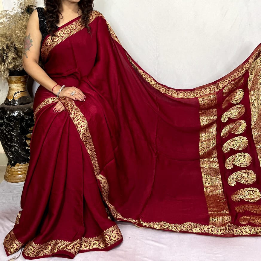 Modal Silk Mashroo Mix Ajrakh Saree With Natural Dyes - Black, Green, Red, Mustard, Hot Pink, Maroon, Purple Pink