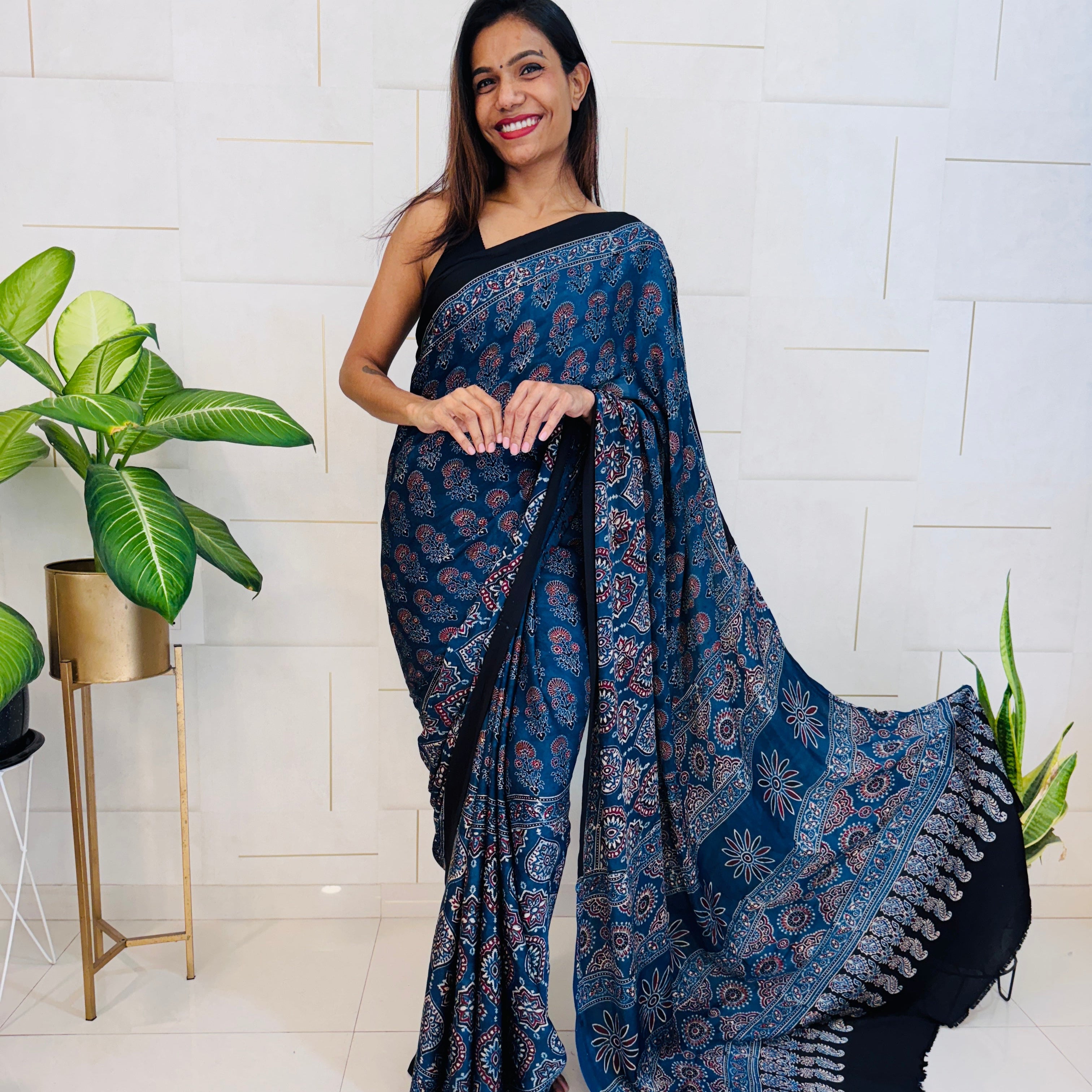 Modal Silk Ajrakh Saree With Natural Dyes - Indigo With Black Hand Blocked Ajrakh