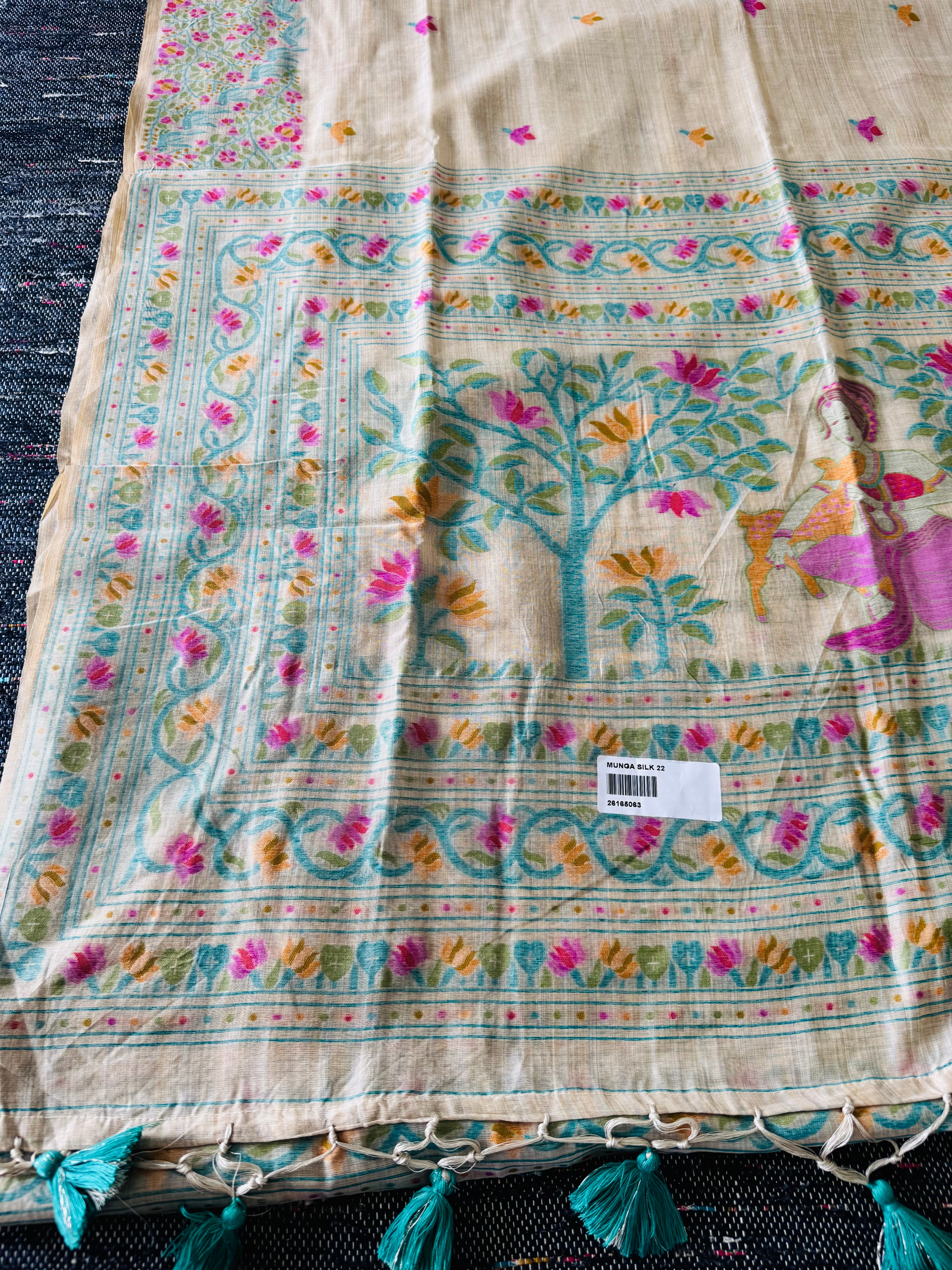 nd Handloom Pure Muslin Munga Silk Jamdani Beige with Blue and Pink