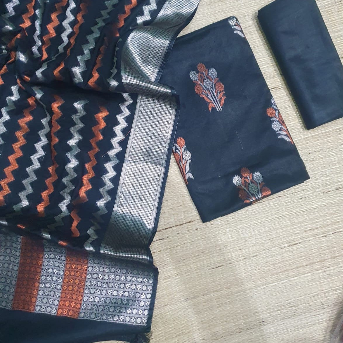 Banarasi Unstitched Suit Material Chiniya Silk with Meena Jari work - Black, Beige and various colours available
