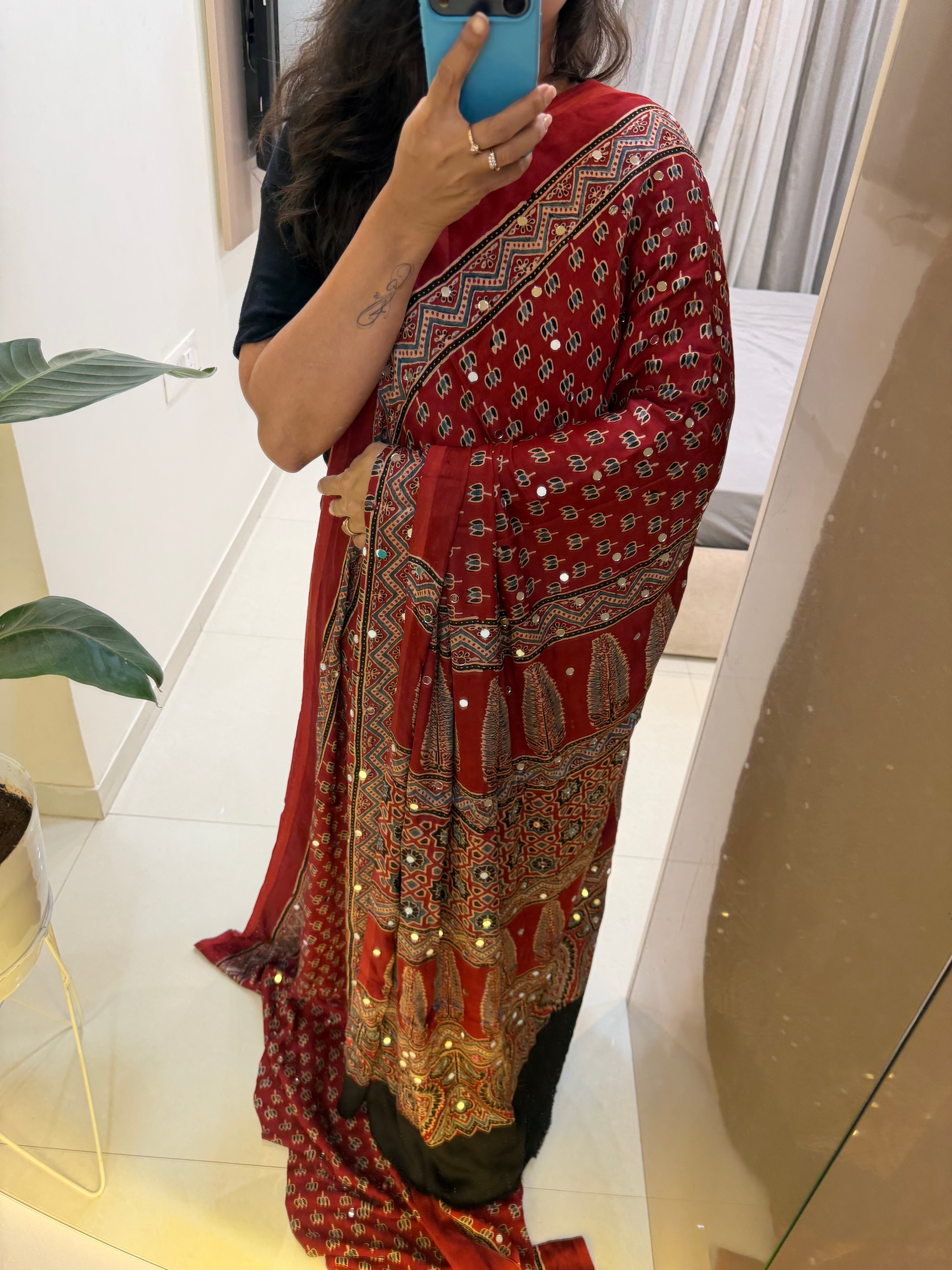 Modal Silk Ajrakh Saree With Natural Dyes and with Mirror Work Red, Indigo, Black and Customisation available