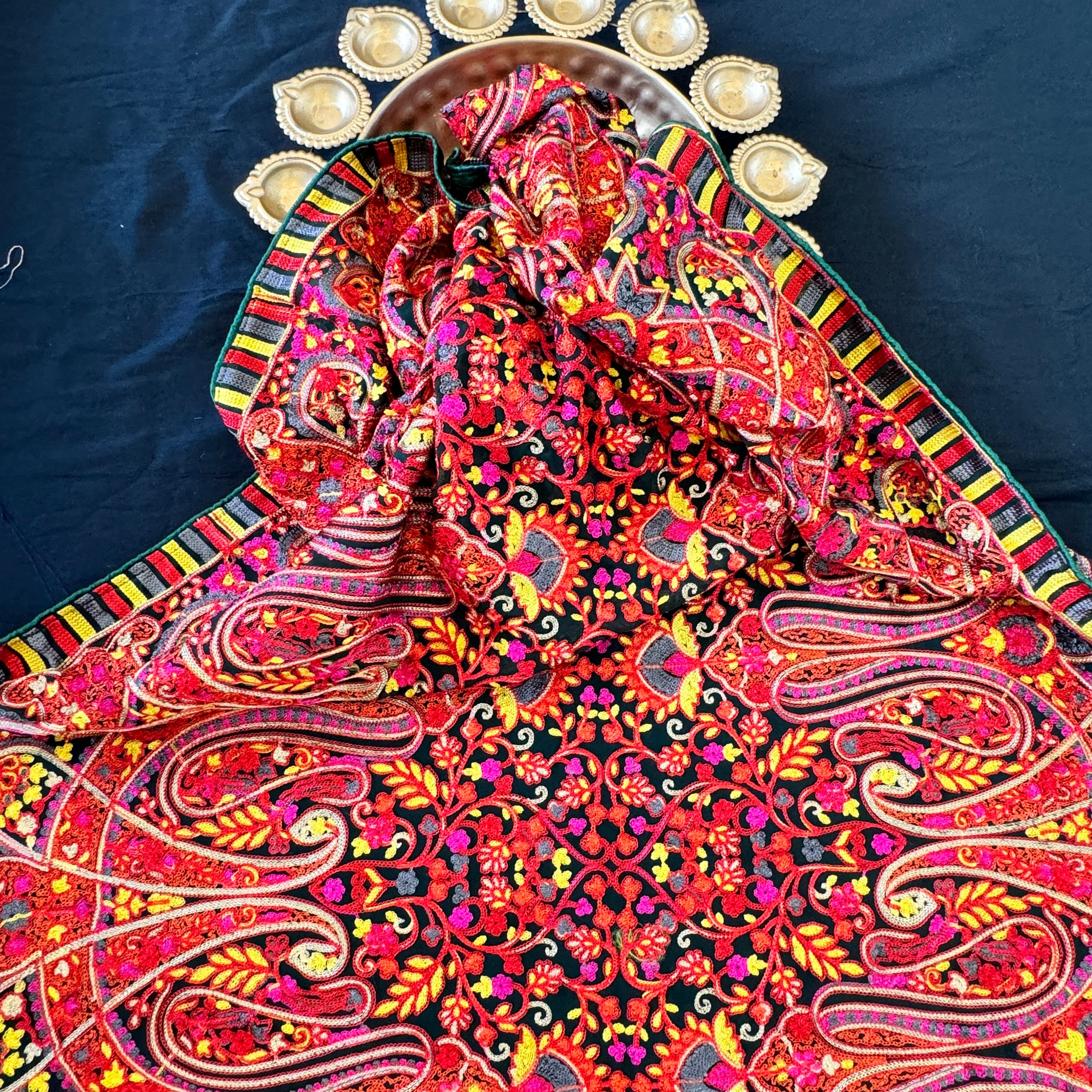 Phulkari Chinnon With Sindh Embroidered Design- Black with Multicoloured Thread-Work