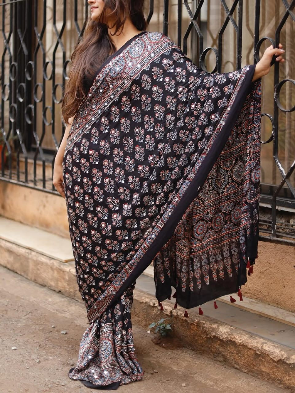 Modal Silk Ajrakh Saree With Natural Dyes and with Glued Mirror Work