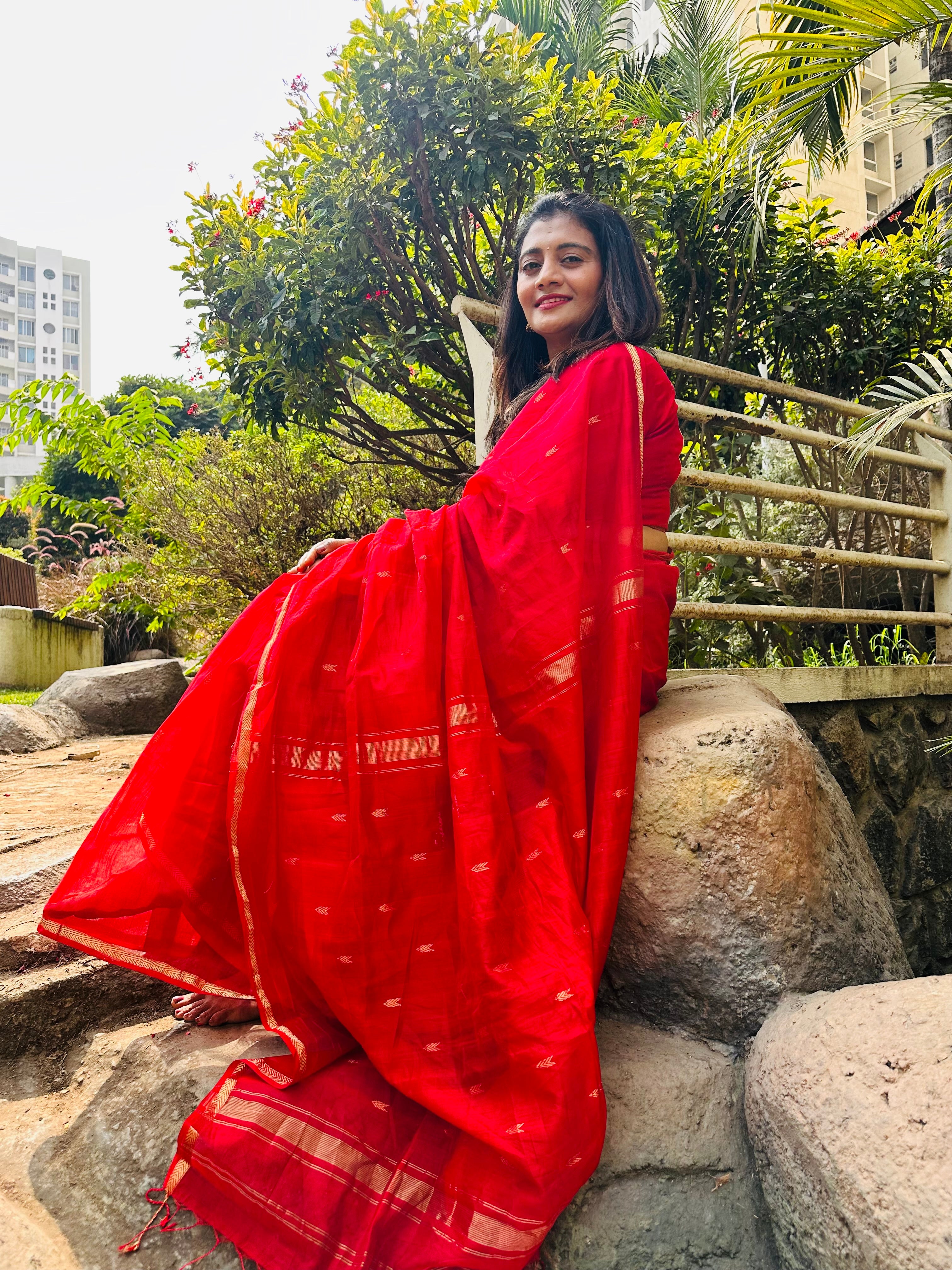 Maheshwari Handloom handwoven cotton silk Saree Pink Red