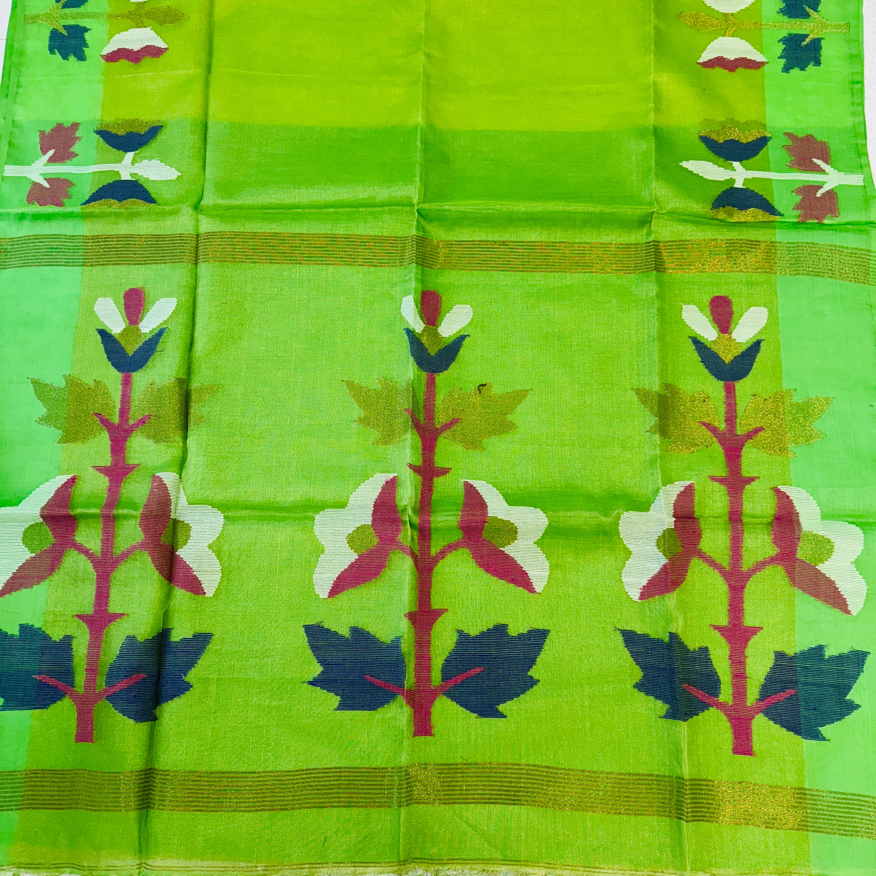 Hand Woven and Handloom Pure Muslin Motka Silk Jamdani - Parrot Green