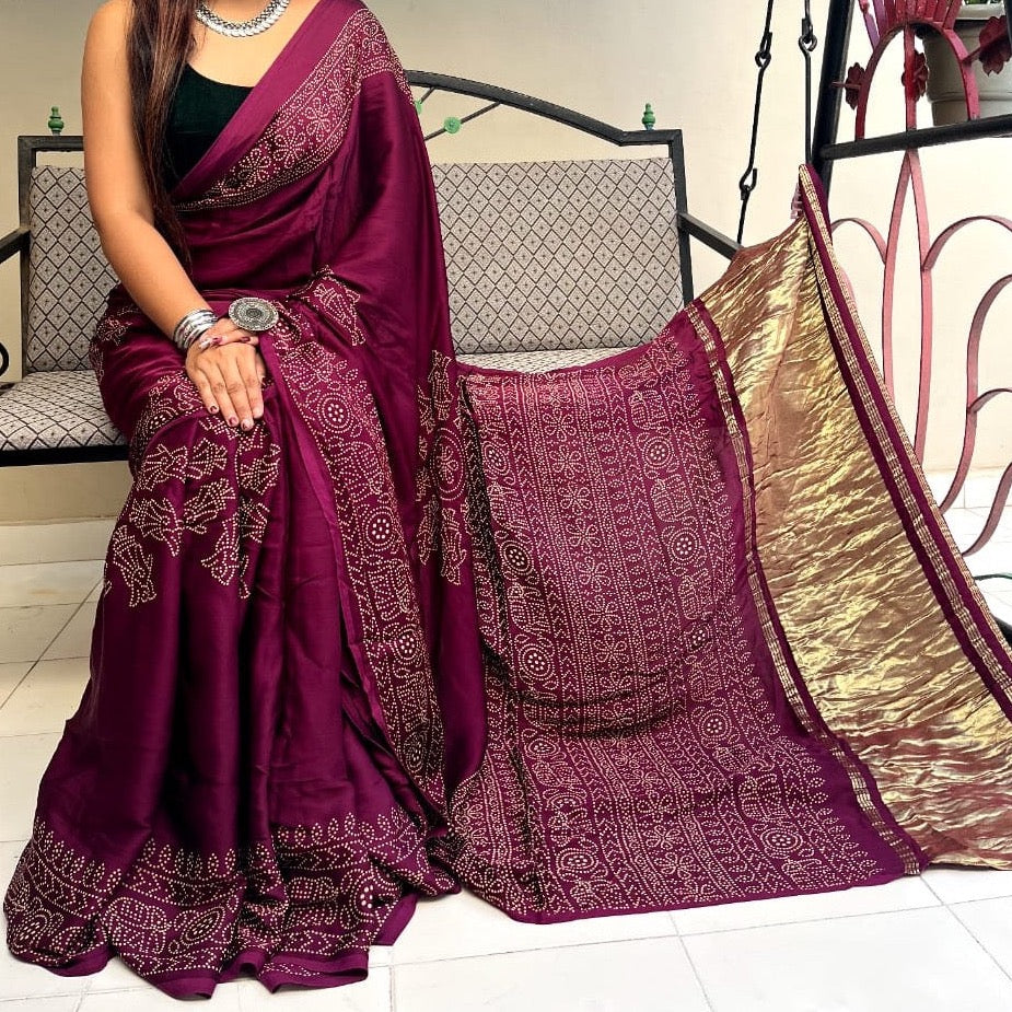 Modal Silk Mashroo Mix Ajrakh Saree - Indigo, Yellow, Red, Maroon ( Customisation available)